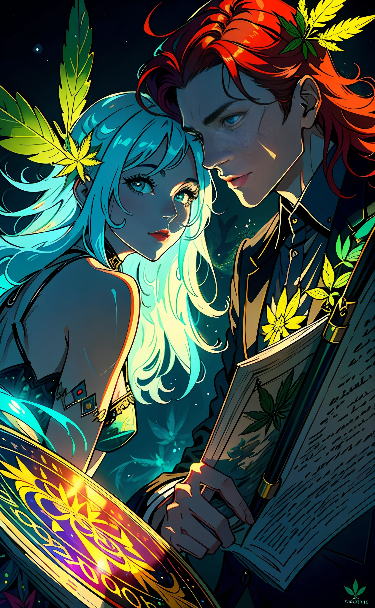 Closeup Hemp, leaf, ?????????, ???????? cone, ((illustration)), colorful, wallpaper, energy, unknown horror, secret, magical environment, magical environment, magic wand, books, pages flying in the sky, omniscience, prediction of the future, understanding the past, frost magic, warlock, magic circle, pentagram, spells, chant magic, red hair, long hair, close-up of the most beautiful beautiful woman and man, stylish, fashionable, perfect, elegant tenderness, trendy artstation, Romance, Passion, Cool, Lovers, Lovers, Touch, Weasel from the galaxy of stars underwater, Hyper-detailed, Retro-futuristic, Abstract art, , Psychedelic, --v 6