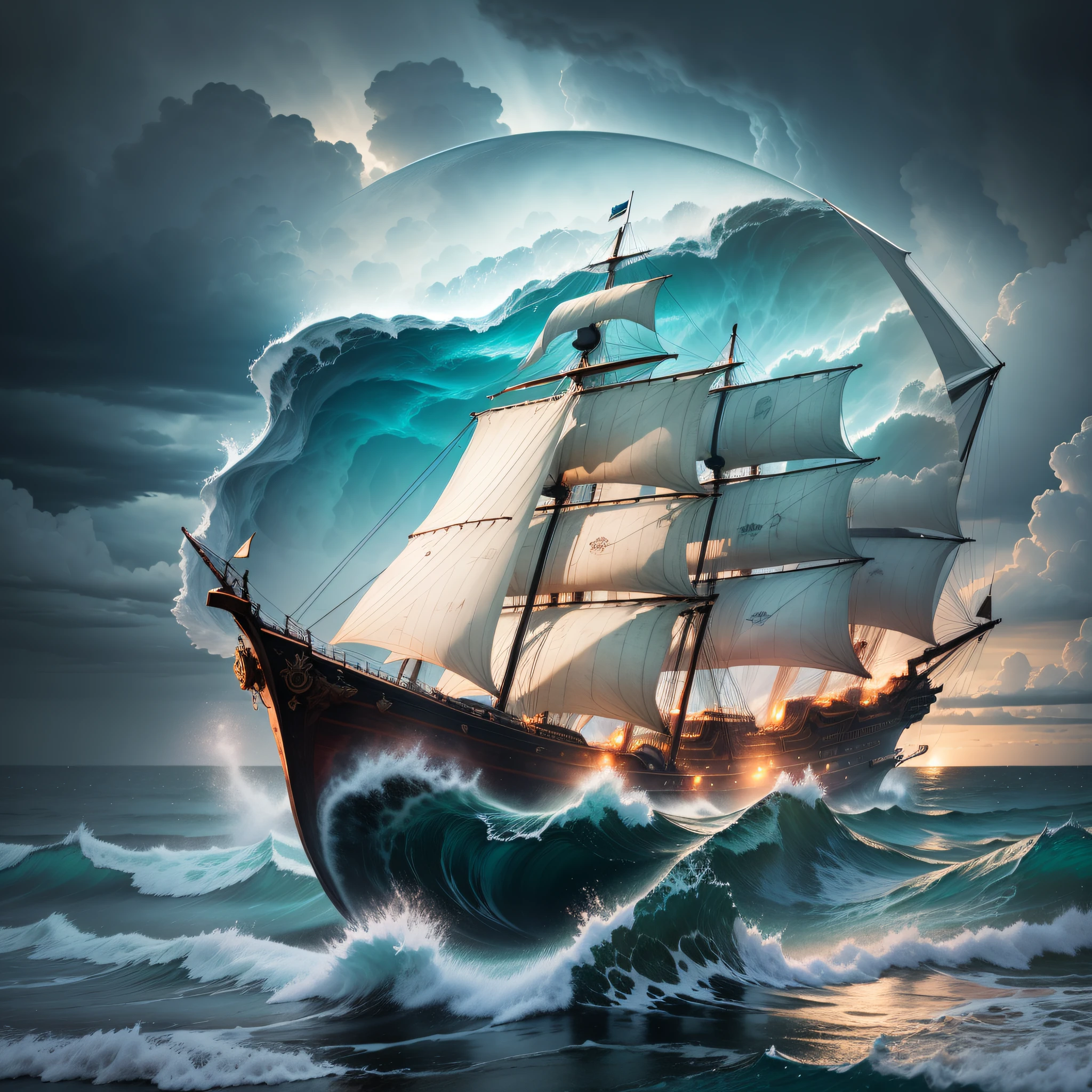 view of turbulent waves from a violent ocean storm inside a glass bottle on the beach dramatic thunderous sky at dusk in the city center a close-up of large tall pirate ship with sails breaking the light