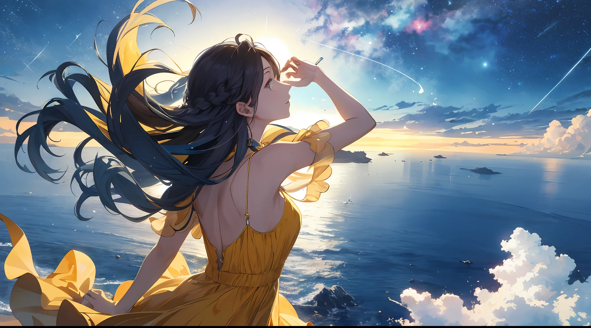 (Best Quality: 1.5), (Super Detail: 1.5), (Best Quality Photo: 1.5), ocean as far as the eye can see, sky full of stars, meteor shower, horizon, midnight, midnight, scenic, beautiful landscape, galaxy, nebula, light particles, very delicate and beautiful, very detailed, cinematic light, mysterious, cinematic angle, 8k resolution, elegant, perfect, smooth, beautiful girl looking up to the heavens, very cute, shiny braided hair, Hair fluttering in the wind, yellow one-piece dress,