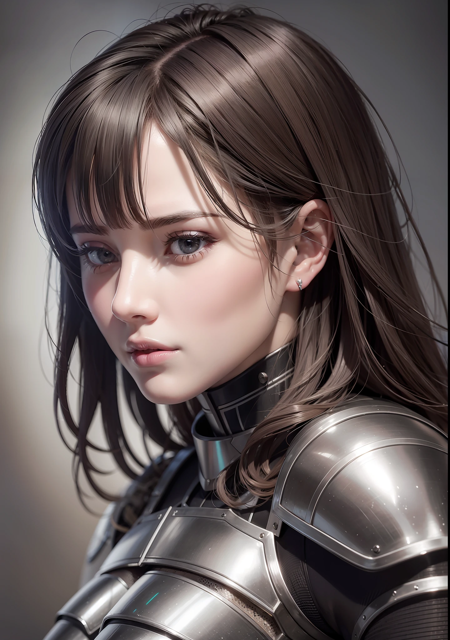 Woman in realistic battle armor in neon-lit, Beauty realistic & intricate face