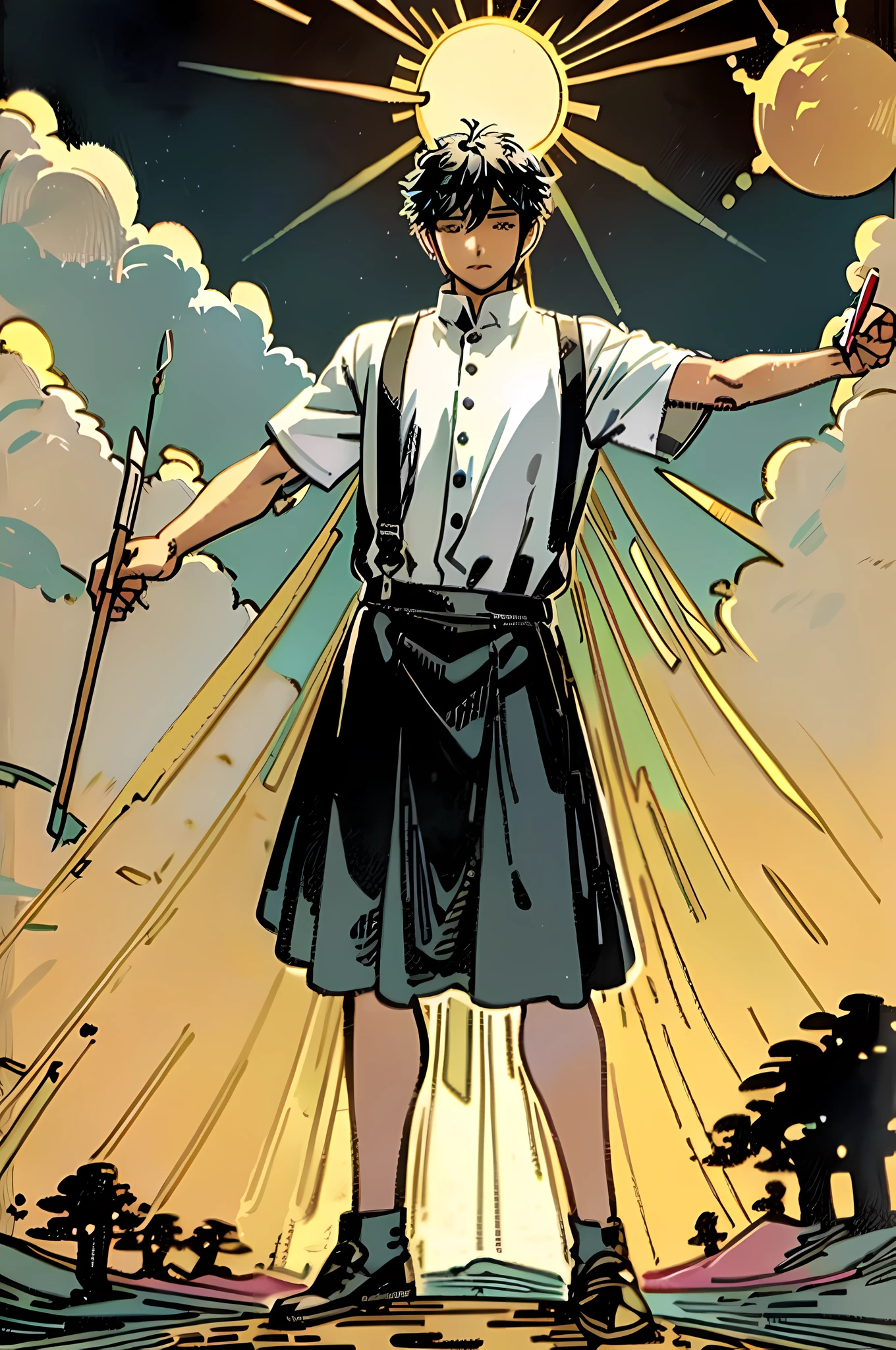 masterpiece, best quality, full body, tarot card, 1 man, the sun, happiness, happy, freedom, short hair, black hair, muscle, brush cut, the king, white shirt