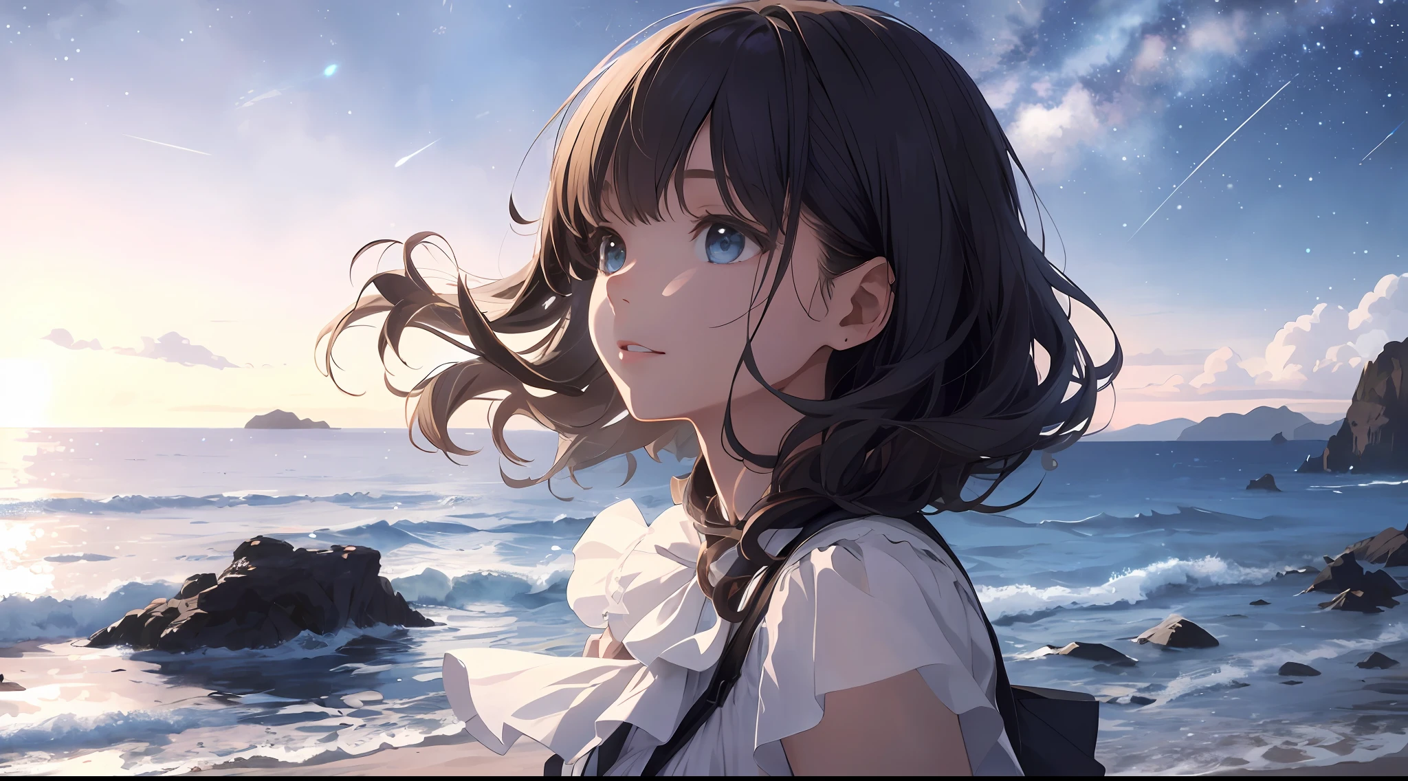 (Best Quality: 1.5), (Super Detail: 1.5), (Best Quality Photo: 1.5), ocean as far as the eye can see, full of stars, meteor shower, horizon, midnight, midnight, scenic, beautiful landscape, galaxy, nebula, light particles, very delicate and beautiful, very detailed, cinematic light, mysterious, cinematic angle, 8k resolution, elegant, perfect, smooth, beautiful girl looking up to the heavens, very cute, curly,