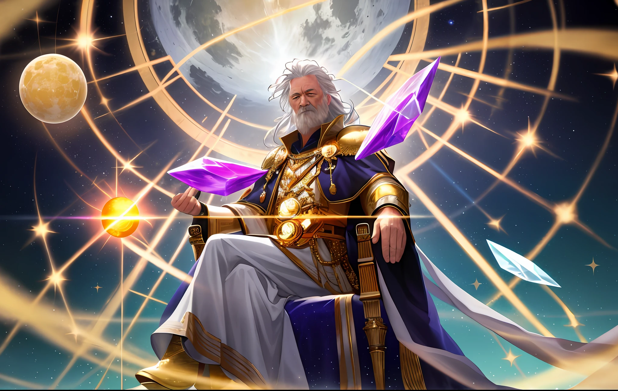 super high resolution, best quality, photo, 16k, (photorealistic: 1.2), cinematic lighting, An old man in the shape of a mythical god. Depict the god holding the sun and moon, enveloped by a radiant aura. Seat them on a magnificent throne within a cosmic backdrop, in bright white cloaks floating on the crystal throne, floating on crystal clouds, surrounded by the splendors of the universe. Pay meticulous attention to stunning details and achieve a resolution of 64K for an immersive and realistic visual experience. Let your work capture the essence of myth and wonder, leaving viewers in awe of its beauty and power.