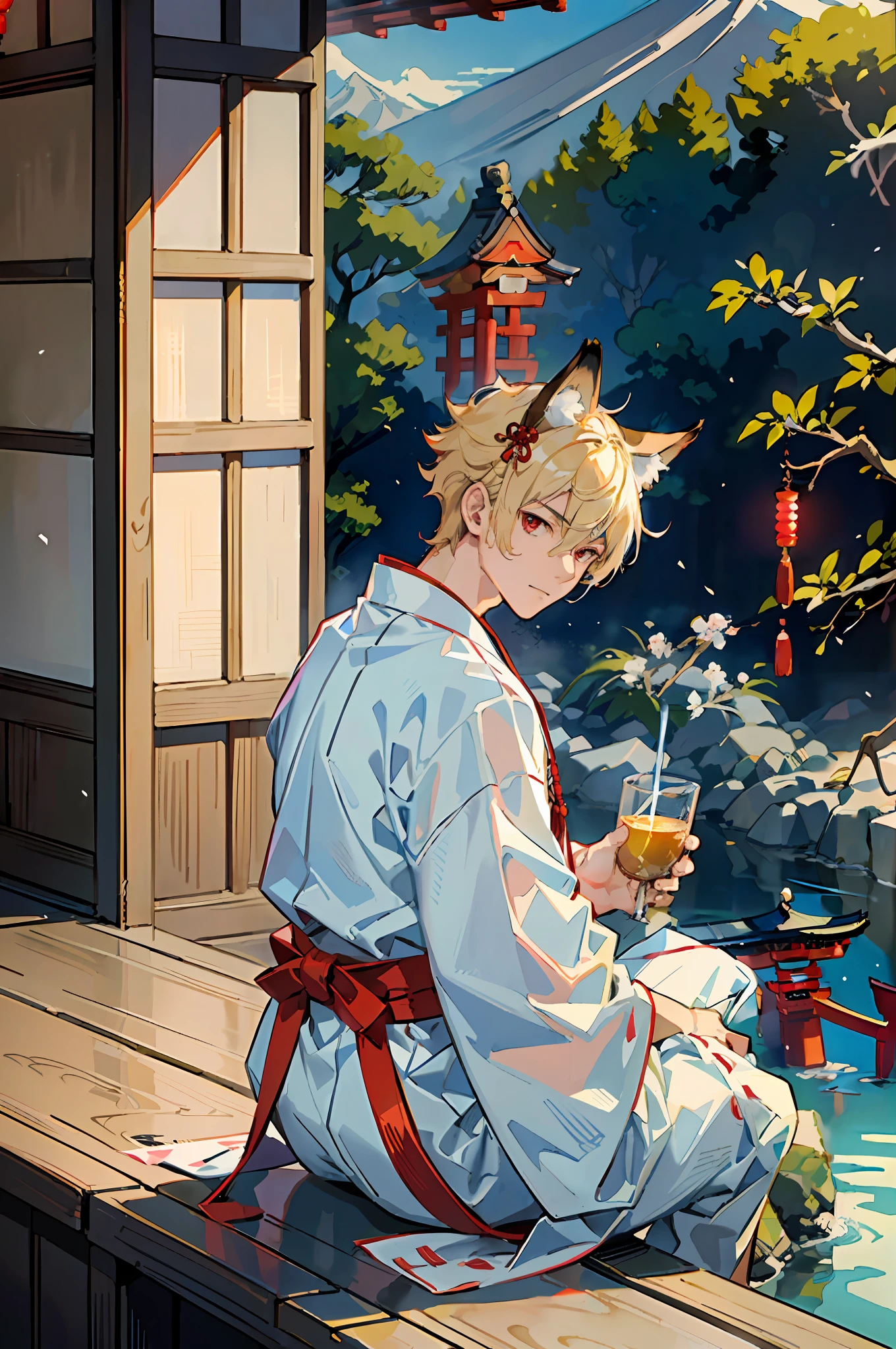 ((Masterpiece: 1.4, top quality)), one boy, blonde spiked hair and red eyes, (Japan Shinto priest, white and light blue hakama: 1.3), fox ears and tail, sitting on the porch and drinking, the scenery is a temple in Kyoto.