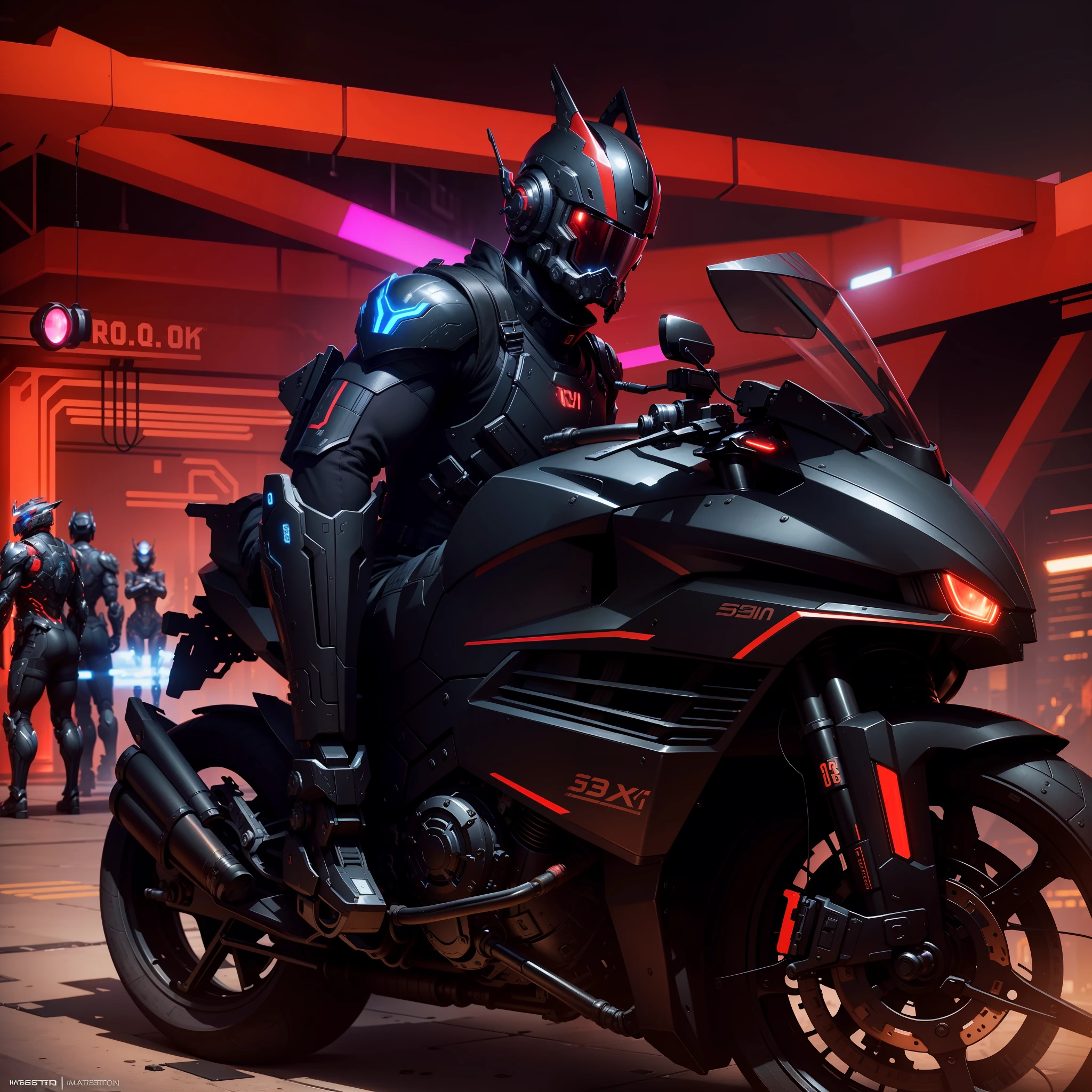 (Masterpiece: 1.2), Best Quality, High Score, Uniform 8k Wallpaper, (Illustration: 1.0), Beautiful Detailed, Very Detailed, Perfect Lighting, Very Detailed CG, Glowing Eyes, Backlight, Armor, Bust Mech, 1boy, Man, Strong, Tattoo on Leg, Warframe, Humanoid Robot, Helmet, Sample Background, Weapon, blue_armor, Looking at the Audience, Solo, Perspective, Black and red locomotives, black clothes, red light, shorts, strong muscles, cyberpunk,