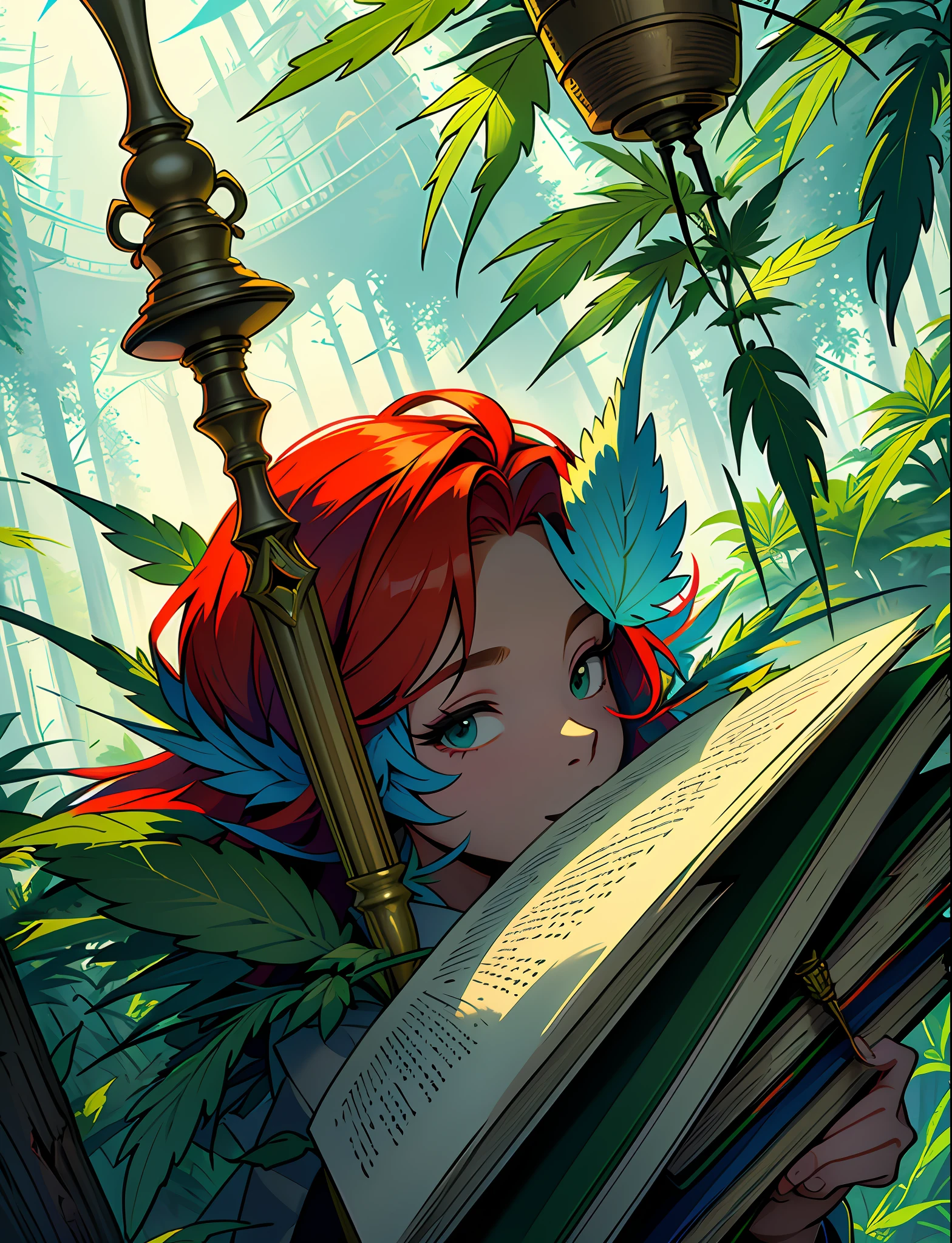 Close up closeup Hemp, leaf, marijuana, cannabis cone, ((illustration)), colorful, wallpaper, energy, secret, magical environment, magical environment, magic wand, books, pages flying in the sky, omniscience, prediction of the future, understanding the past, frost magic, spells, red hair, long hair, --v 6