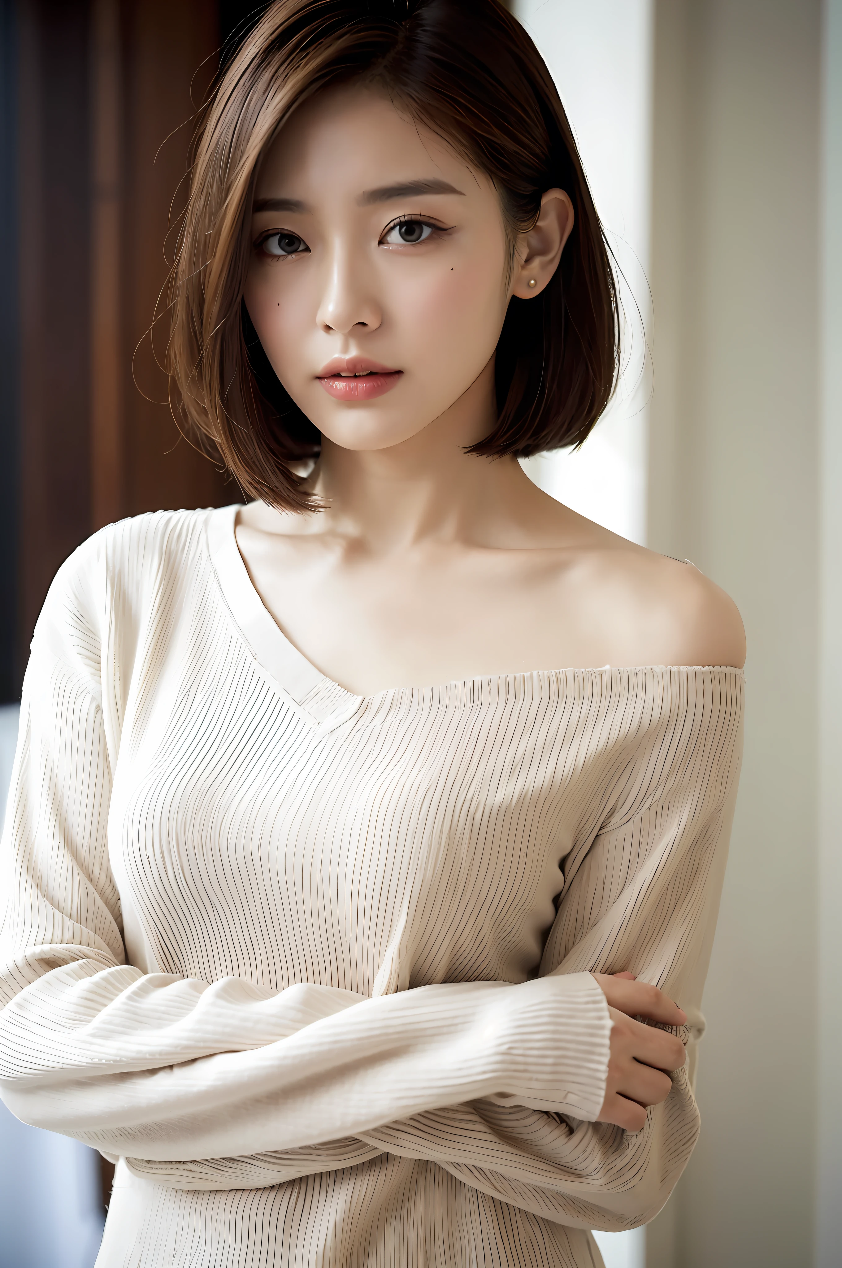 You can see the shoulders, the collar of the clothes that slide off, the clean left shoulder is visible, the shoulder straps of the bra are visible