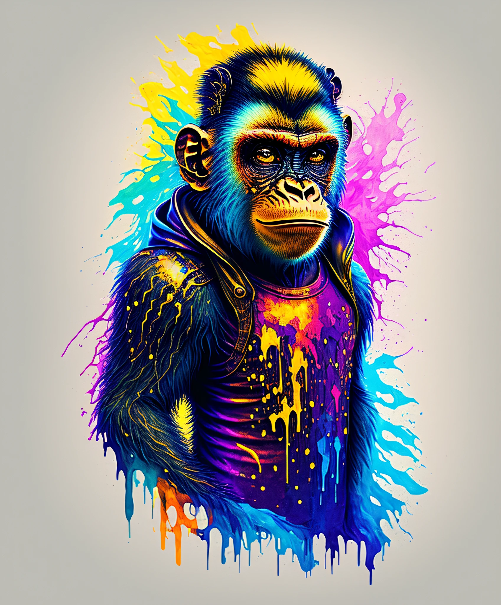 (a portrait of Cyberpunk Monkey with colored fluid), T-shirt logo in tapered thin outline style, spell view, artwork in (empty background:1.4)