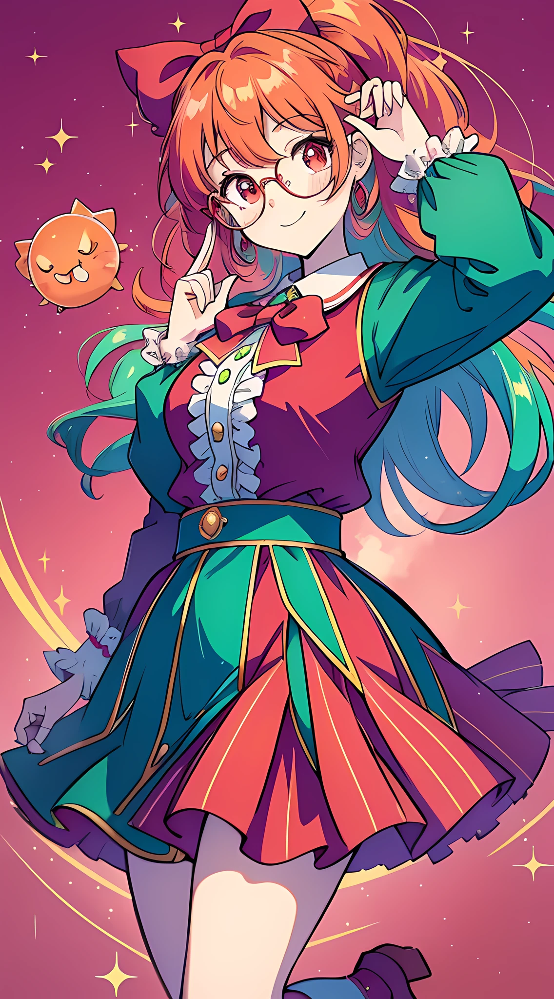 (1Girl, Solo)
Style: Anime
Quality: Playful
Quality: Expressive
Hair Color: Fiery red
Eye Color: Sparkling emerald green
Outfit: Wearing a cute and vibrant anime-inspired outfit, such as a frilly dress with a matching bow or a colorful school uniform with knee-high socks
Accessories: Sporting a pair of oversized, round glasses and a small hair clip with a cute character charm
Expression: Always smiling with rosy cheeks and wide, expressive eyes
Pose: Striking a dynamic and energetic pose, with one hand raised in a playful gesture