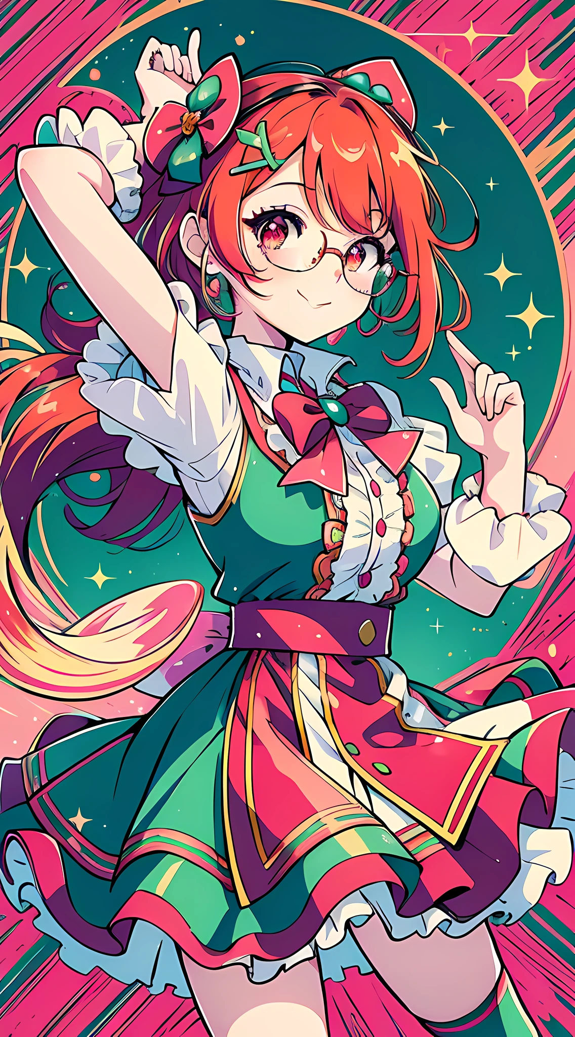 (1Girl, Solo)
Style: Anime
Quality: Playful
Quality: Expressive
Hair Color: Fiery red
Eye Color: Sparkling emerald green
Outfit: Wearing a cute and vibrant anime-inspired outfit, such as a frilly dress with a matching bow or a colorful school uniform with knee-high socks
Accessories: Sporting a pair of oversized, round glasses and a small hair clip with a cute character charm
Expression: Always smiling with rosy cheeks and wide, expressive eyes
Pose: Striking a dynamic and energetic pose, with one hand raised in a playful gesture
