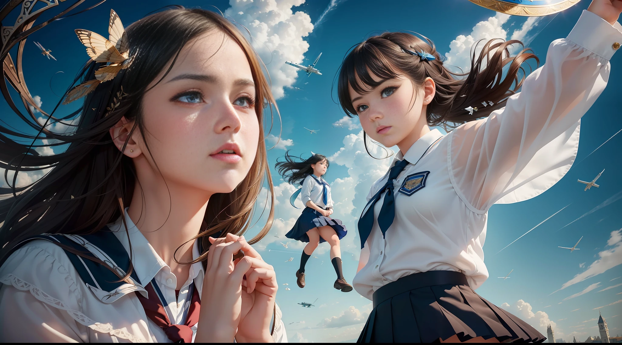 ((masterpiece)), (((best quality))), ((ultra-detailed)), (Amazing:1.1), blue sky, two high school girls, (((((flying in the air))))), (((flying sky))), they are realistic, they are very cute high school girl, black hair and black eyes, beautiful legs, beautiful profile, (((wearing school uniform))), two high school girls are flying sky, liberation, concept art, raw, detailed background, complex background, wallpaper, poster, sharp focus, hyperrealism, insanely detailed, lush detail, filigree, intricate, crystalline, perfectionism, max detail, 4k uhd,