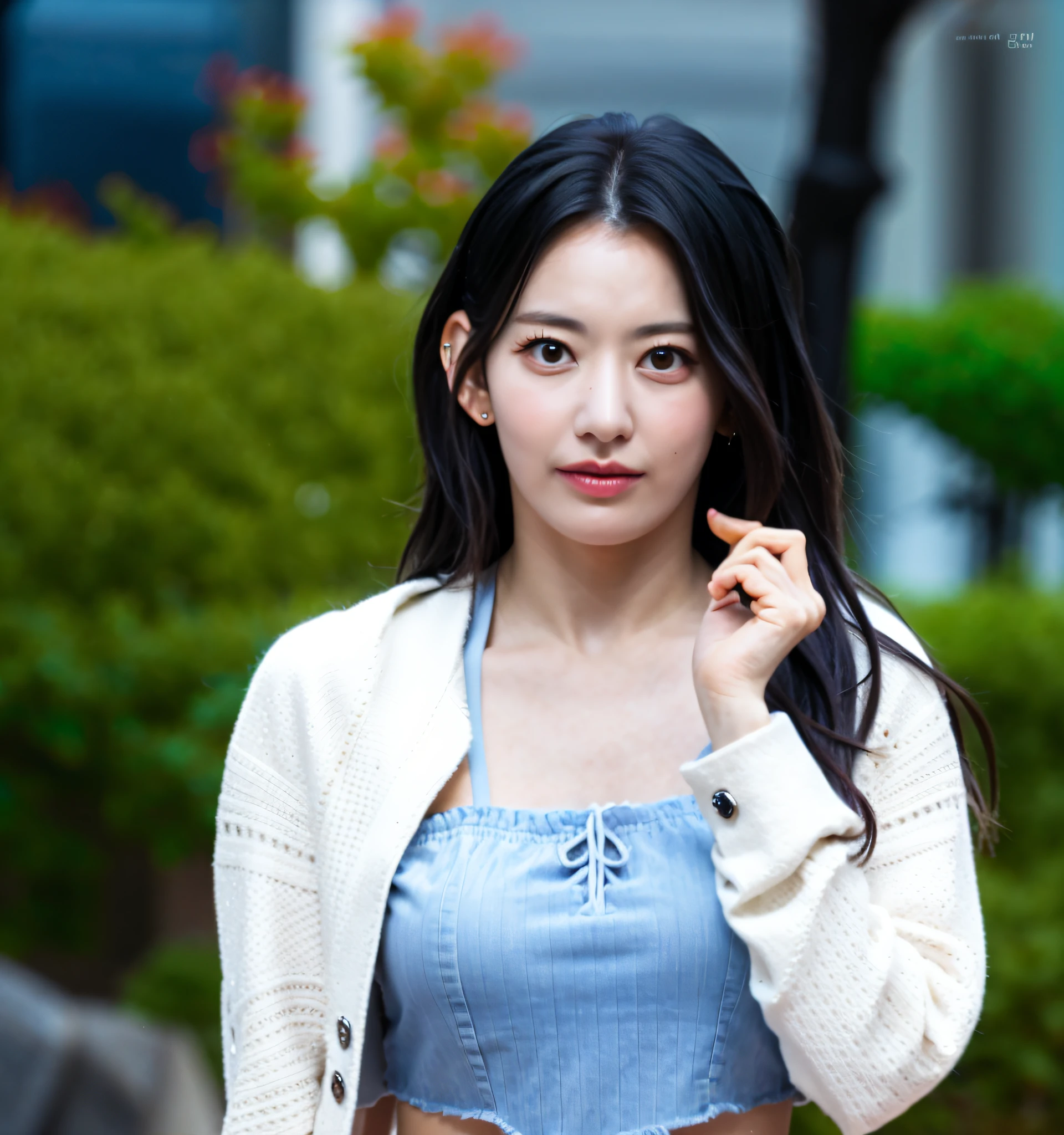 a girl ,garden background, (8k, best quality, masterpiece:1),(intricate details:1),(photorealistic:1.5),octane render, complex 3d render ultra detailed, studio soft light, rim light, vibrant details, ultra detailed, realistic skin texture, detailed face, beautiful detailed eyes, extremely detailed CG unity 8k wallpaper, makeup, (detailed background:1.2), (cowboy shot:1.2),(perfect anatomy:1.2), (one personin frame only :1)