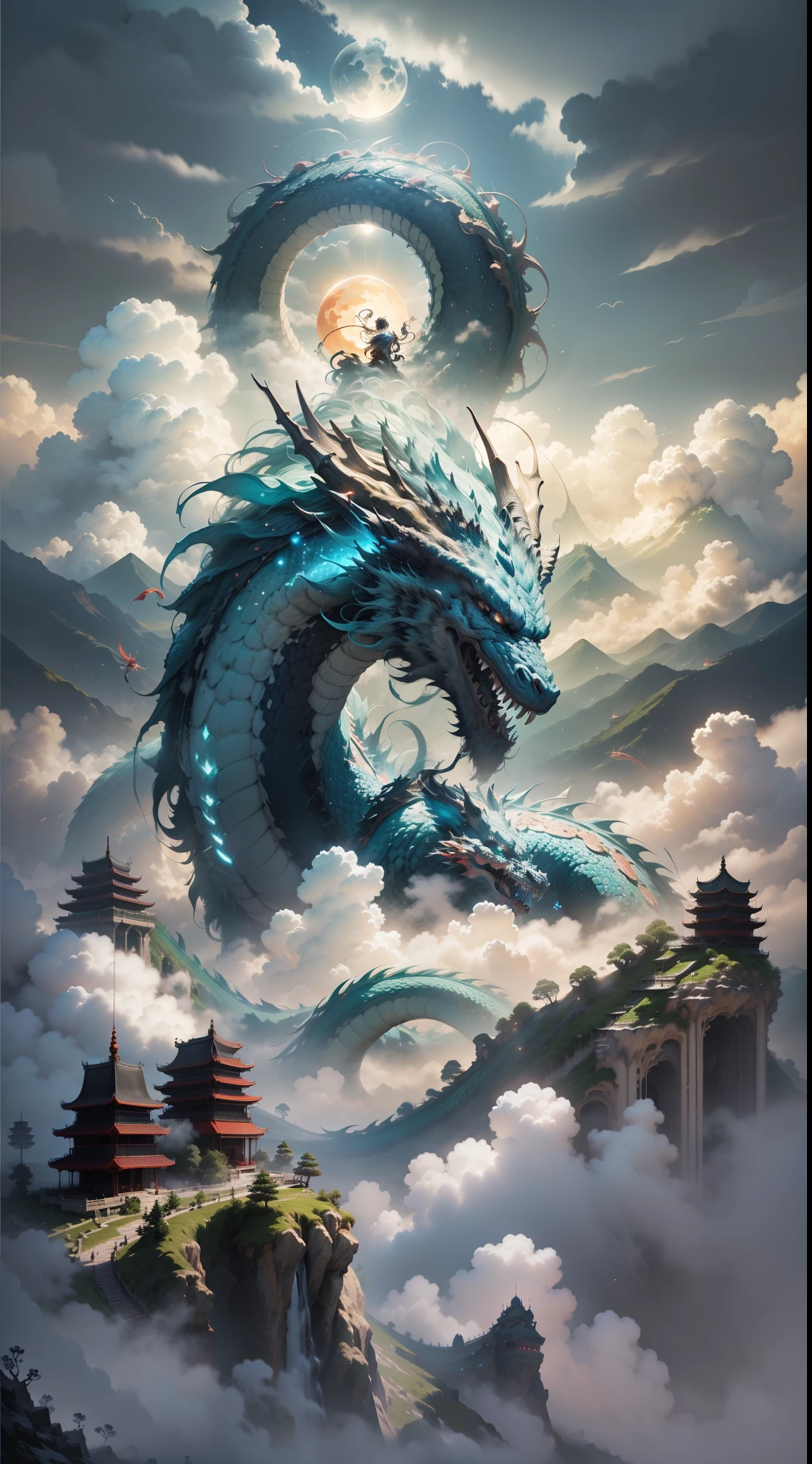 A huge dragon like a mountain devours the sun and the moon, its figure appears in the clouds, the black water is surging, (the waves rush to the sky), the fairy mountain island, (the pavilion is in the clouds in mid-air), ((clouds and mist)), roaring, fierce, ((Chinese mythology)), high quality, ultra-fine, detailed, accurate, (masterpiece), master work, (16k resolution), movie lighting, dynamic perspective
117/2000