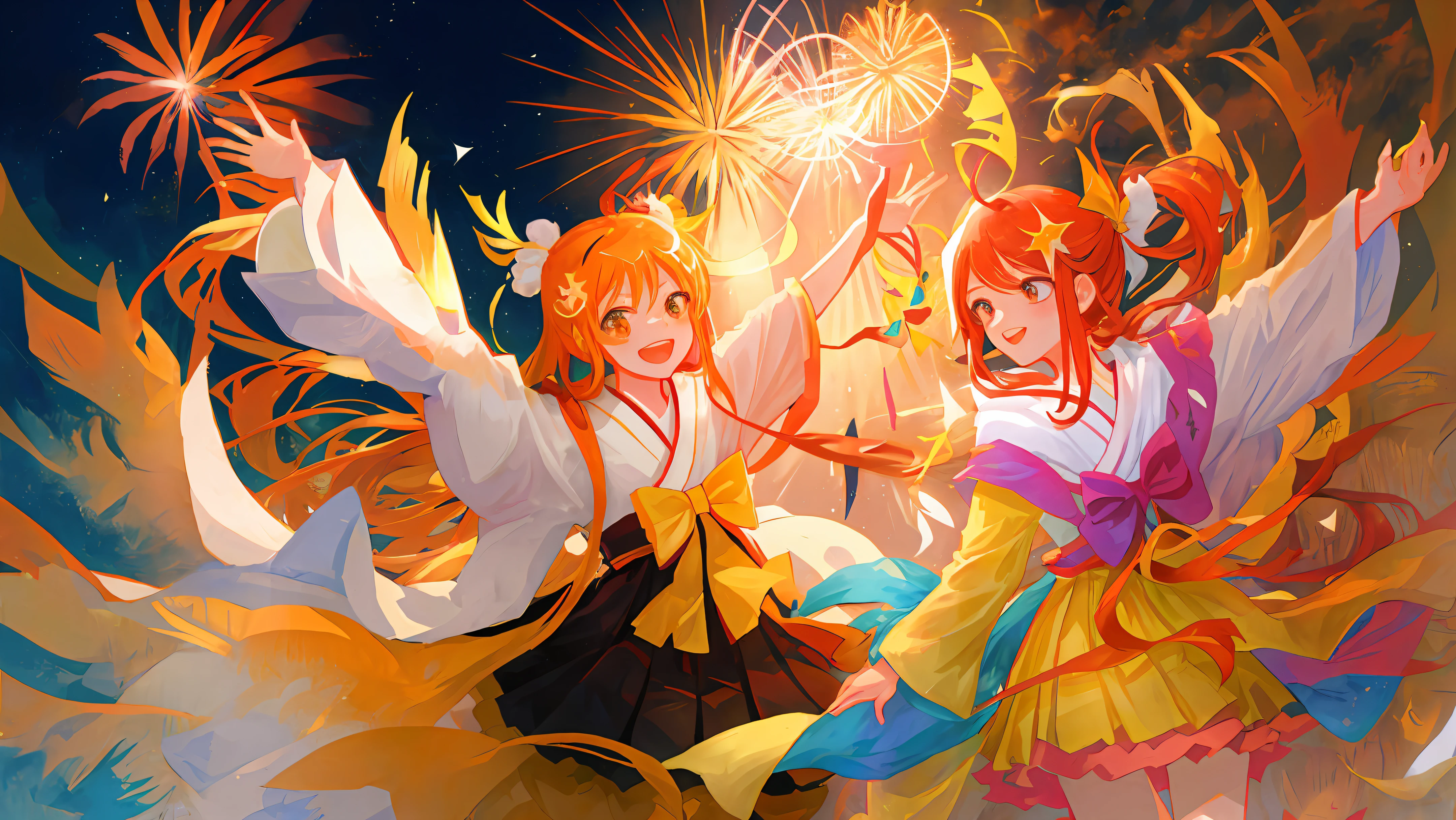 Tanabata, Hikoboshi and Orihime, doing fireworks, top quality,