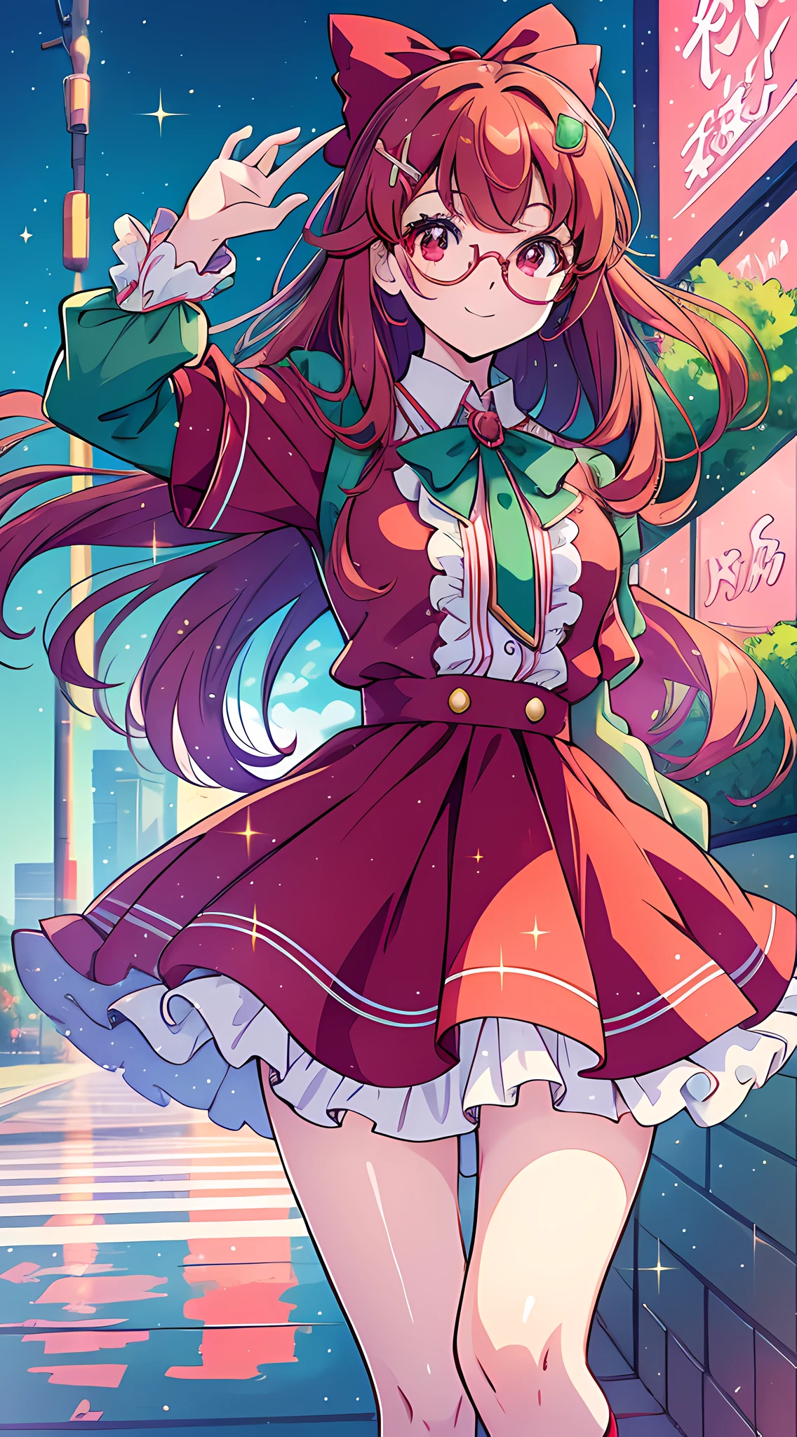 (1Girl, Solo)
Style: Anime
Quality: Playful
Quality: Expressive
Hair Color: Fiery red
Eye Color: Sparkling emerald green
Outfit: Wearing a cute and vibrant anime-inspired outfit, such as a frilly dress with a matching bow or a colorful school uniform with knee-high socks
Accessories: Sporting a pair of oversized, round glasses and a small hair clip with a cute character charm
Expression: Always smiling with rosy cheeks and wide, expressive eyes
Pose: Striking a dynamic and energetic pose, with one hand raised in a playful gesture