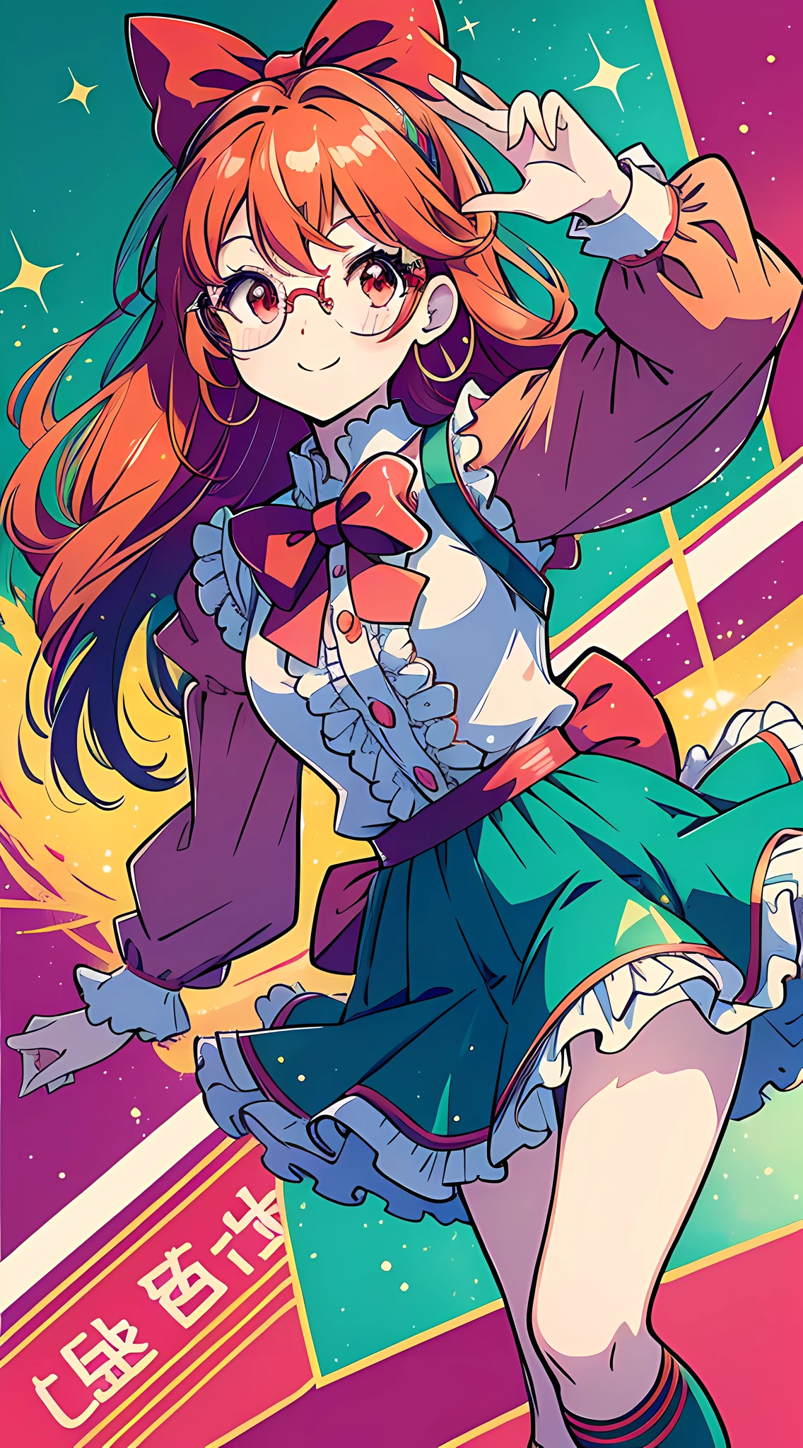 (1Girl, Solo)
Style: Anime
Quality: Playful
Quality: Expressive
Hair Color: Fiery red
Eye Color: Sparkling emerald green
Outfit: Wearing a cute and vibrant anime-inspired outfit, such as a frilly dress with a matching bow or a colorful school uniform with knee-high socks
Accessories: Sporting a pair of oversized, round glasses and a small hair clip with a cute character charm
Expression: Always smiling with rosy cheeks and wide, expressive eyes
Pose: Striking a dynamic and energetic pose, with one hand raised in a playful gesture