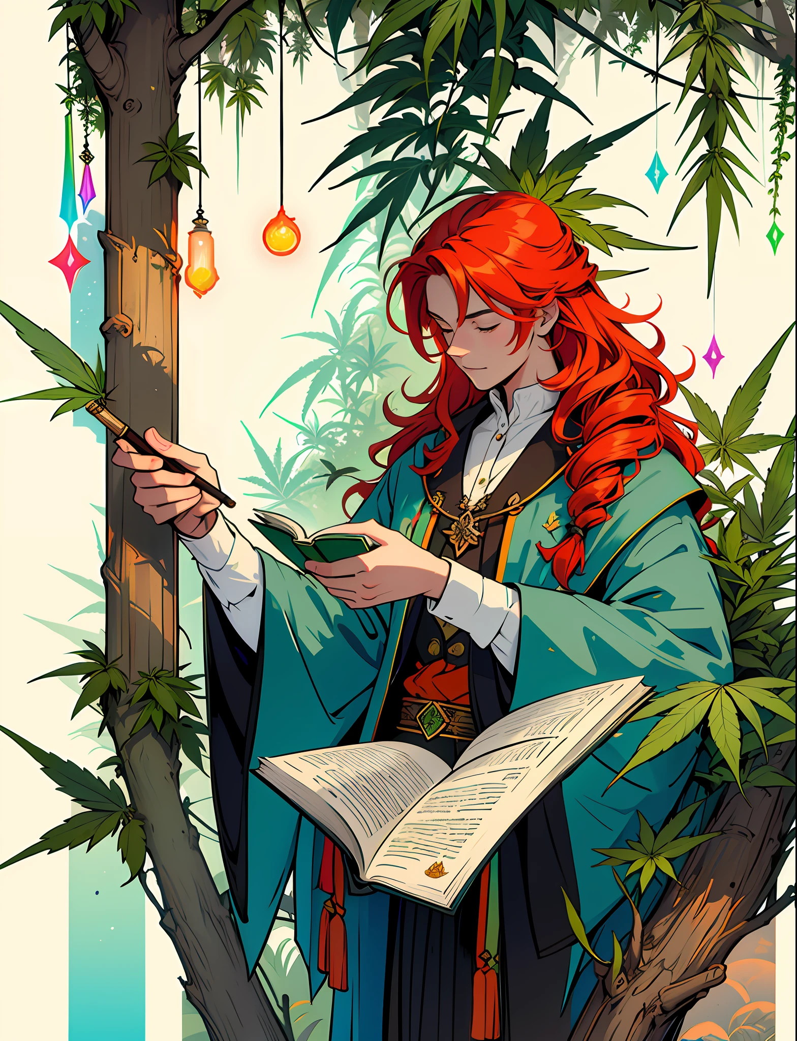 Close up closeup Hemp, leaf, marijuana, cannabis cone, ((illustration)), colorful, wallpaper, energy, secret, magical environment, magical environment, magic wand, books, pages flying in the sky, omniscience, prediction of the future, understanding the past, frost magic, spells, red hair, long hair, --v 6