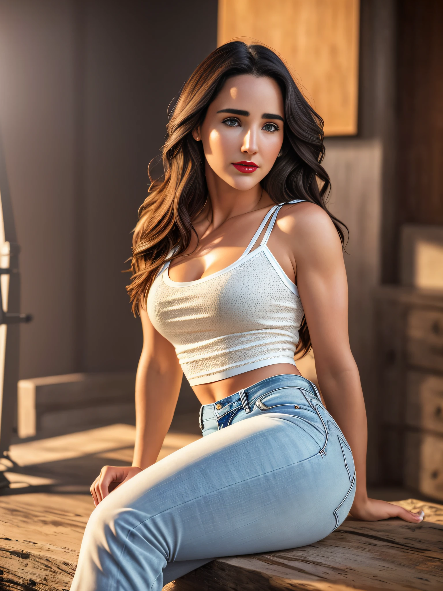 photo of beautiful young Jennifer Connelly as Josie McClellan, Career Opportunities film, 20 years old, a woman, full body, sexy cute face, (sfw tight fashion white shirt: 1.2), (long black jeans), in a department store, natural light, (detailed skin: 1.2), (looking at the camera: 1.1), (smile512), (lips red lipstick), heavy makeup, sunset, style of (Steve McCurry), Nikon Z FX device, EF 70mm lens, cinematic lighting, studio context, long exposure style, long shot type, vibrant color scene, photorealistic, intrinsic, beautiful face, ultra-detailed face, perfect body, full body, flawless, realistic, highly detailed, art station, trend, masterpiece, realistic face, realistic skin, detailed eyes, great art, ultra realistic render n-9, 4K, 8K, 16K, 20K, HDR, UHD, 64K, perfect lighting, studio lighting, photorealistic, hyper realistic, symmetrical face, unreal engine, bokeh, high resolution scanning, professional photography