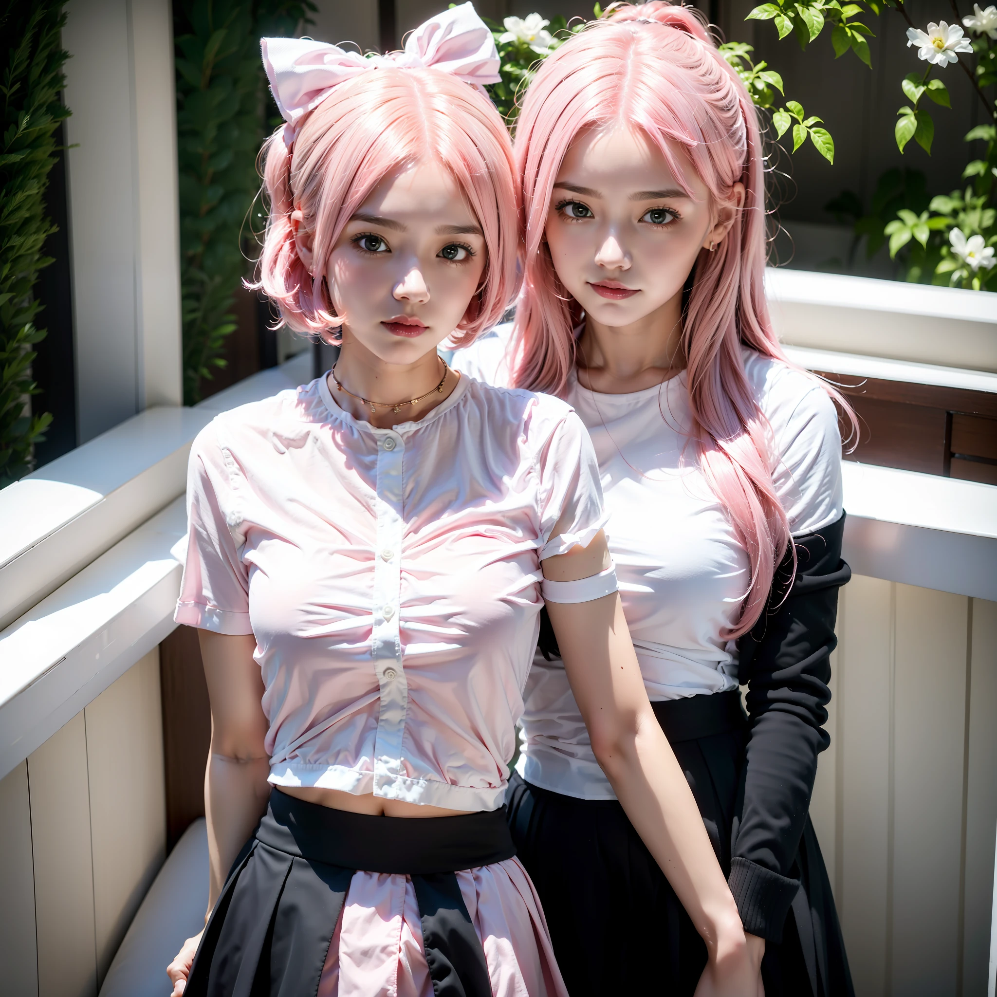 Two girls with pink hair, white blouse, pink bows. Short black skirt, cute