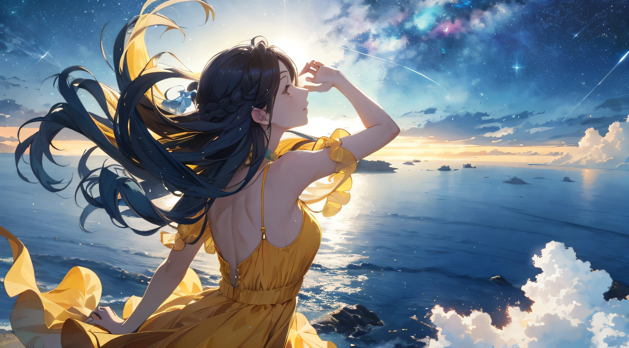 (Best Quality: 1.5), (Super Detail: 1.5), (Best Quality Photo: 1.5), ocean as far as the eye can see, sky full of stars, meteor shower, horizon, midnight, midnight, scenic, beautiful landscape, galaxy, nebula, light particles, very delicate and beautiful, very detailed, cinematic light, mysterious, cinematic angle, 8k resolution, elegant, perfect, smooth, beautiful girl looking up to the heavens, very cute, shiny braided hair, Hair fluttering in the wind, yellow one-piece dress, perfect hands,