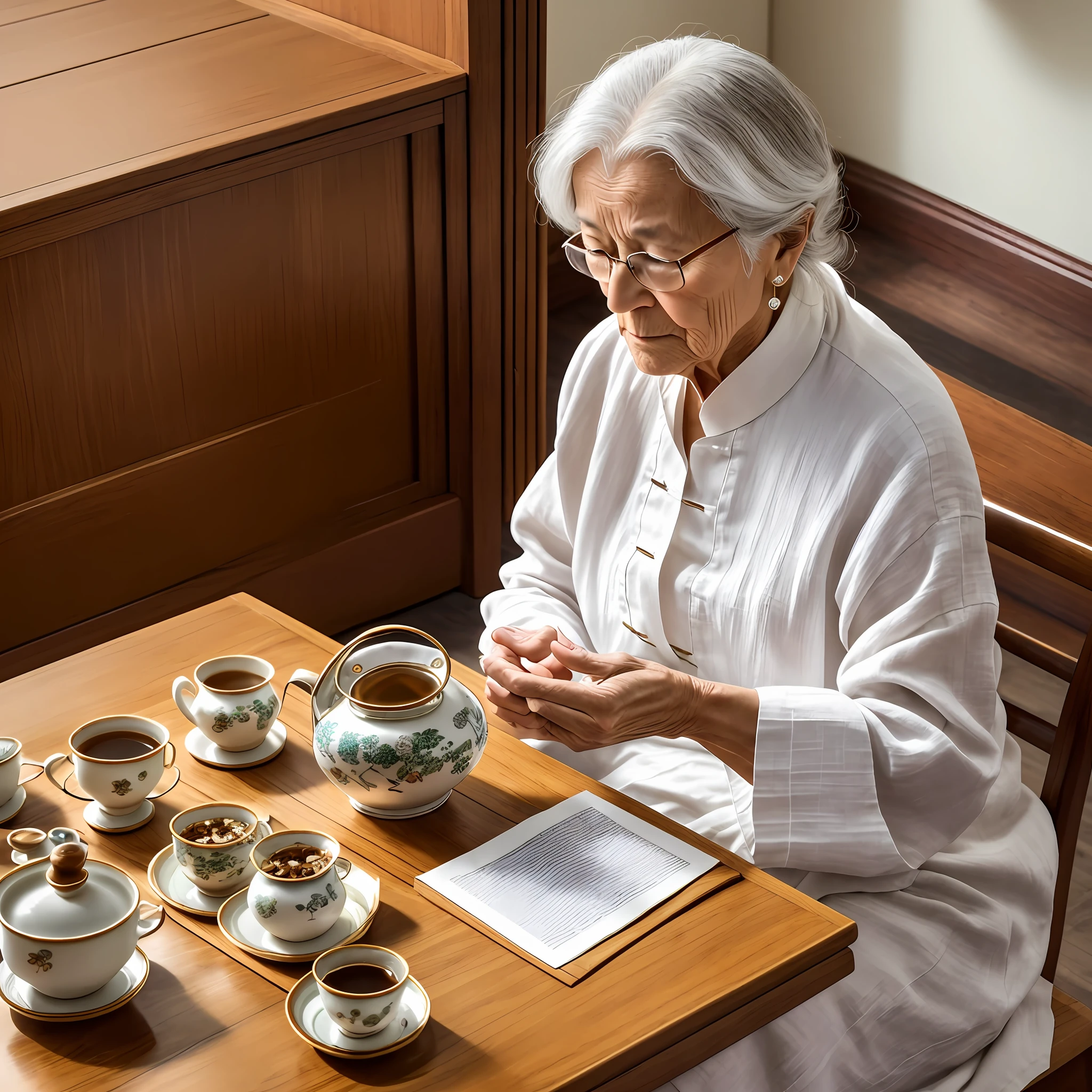 Real image, clear and delicate depiction of an old woman in her forties and fifties, wearing linen clothes, wearing a bracelet/meditation beads, sitting in front of the kung fu tea table quietly drinking tea, there is a long tea table, tea set on the coffee table, 8K picture quality. --auto --s2