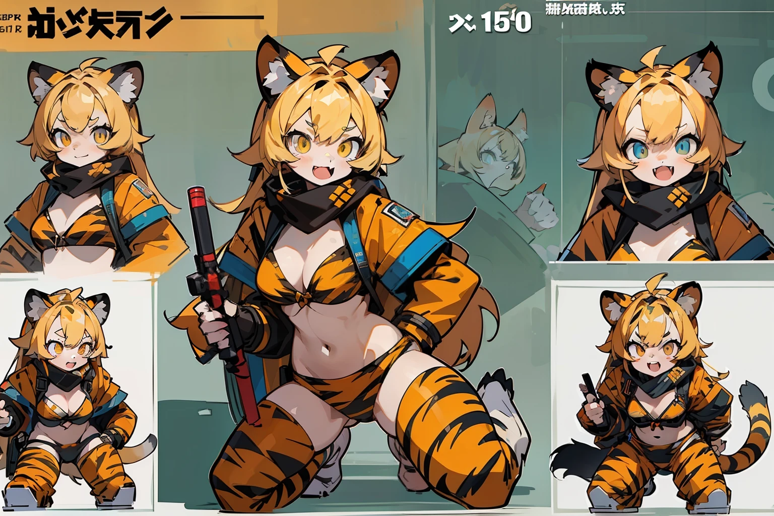 master-piece,hyper quality, hyper detailed,perfect drawing,1 beautiful girl, tiger print bikini, tiger ears, tiger tail, tiger palm, tiger paws, tiger fingers, sharp claws, sharp fangs, hunter's eyes aiming at prey, black and blonde mesh, sharp eyes, height 177cm, three sizes B95W60H90, kneeling, pow pause、(character sheet:1.4), (concept art:1.4)