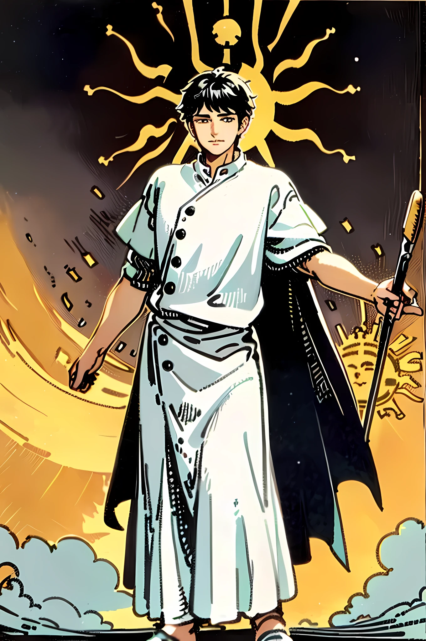 masterpiece, best quality, full body, tarot card, 1 man, the sun, happiness, happy, freedom, short hair, black hair, muscle, brush cut, the king, white shirt, standing