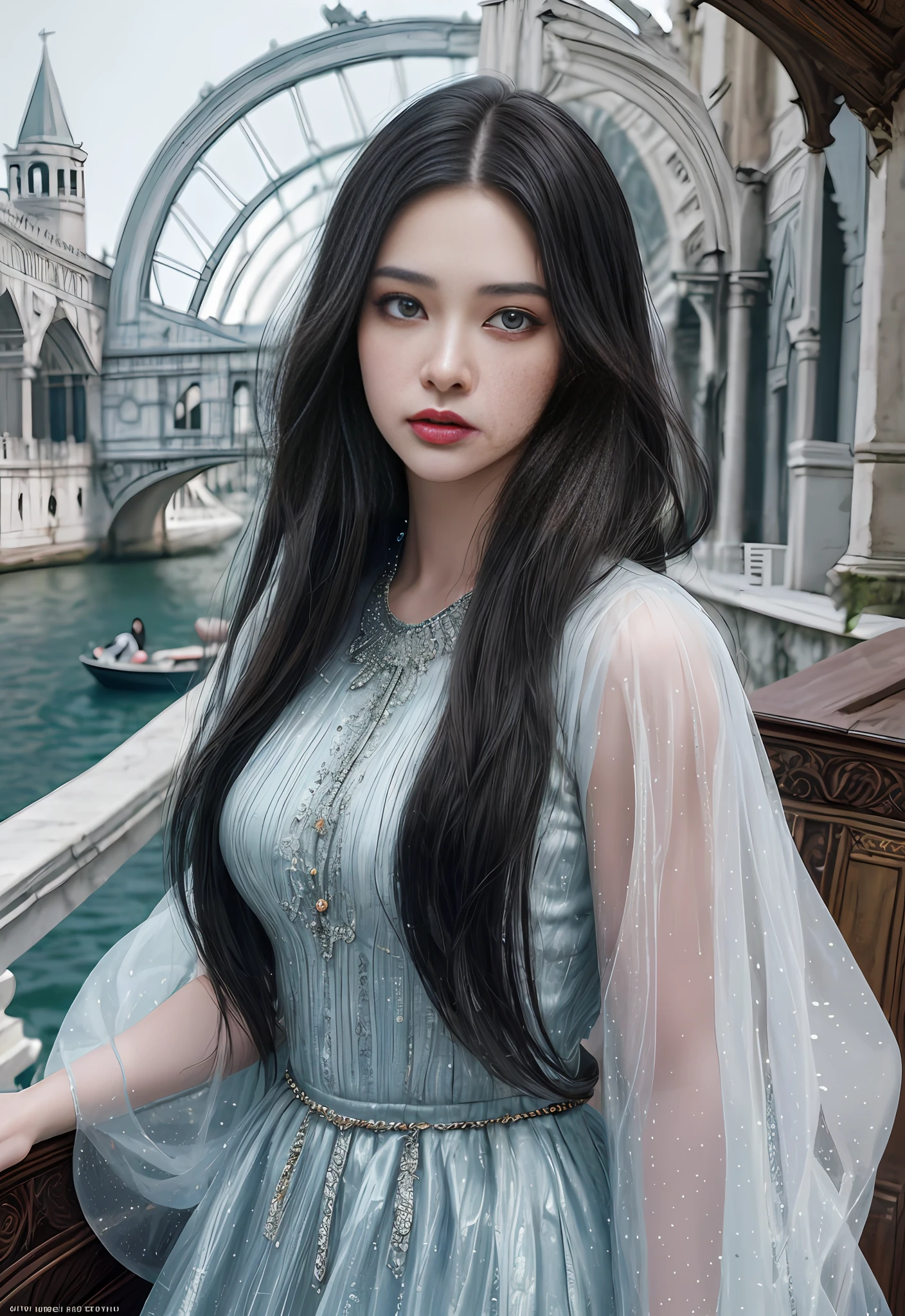 a hyper realistic ultra detailed photograph of a beautiful girl as a female 2020s dancer on the boat of 2020s Venice,(Bridge Of Sighs background),(princess eyes,shiny pupils), detailed symmetric beautiful hazel eyes, detailed gorgeous face, peaky blinders environemt, trending on cg society, bauhaus, bulgari, colourful atmosphere, official valentino editorial, moonlight, medium symmetry, neoprene, behance contest winner, portrait featured on unsplash, stylized digital art, smooth, ultra high definition, 8k, unreal engine 5, ultra sharp focus, award-winning photograph, Canon EOS 5D Mark IV DSLR, f/8, ISO 100, 1/250 second, TanvirTamim, trending on artstation, by artgerm, h. r. giger and beksinski, highly detailed, vibrant