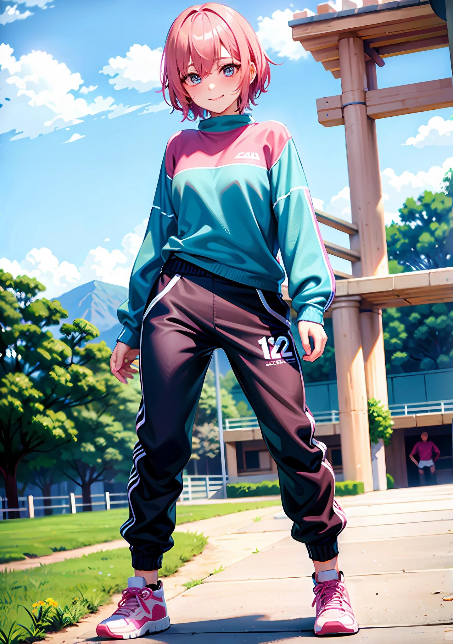 track pants, (blushing face:1.2), smiling, cowboy shot, park background [short pink hair] perfect fingers