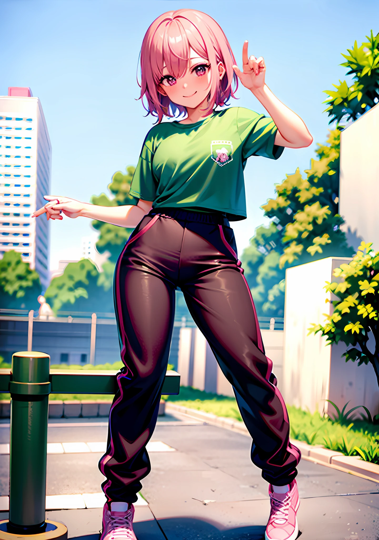track pants, (blushing face:1.2), smiling, cowboy shot, park background [short pink hair] perfect fingers