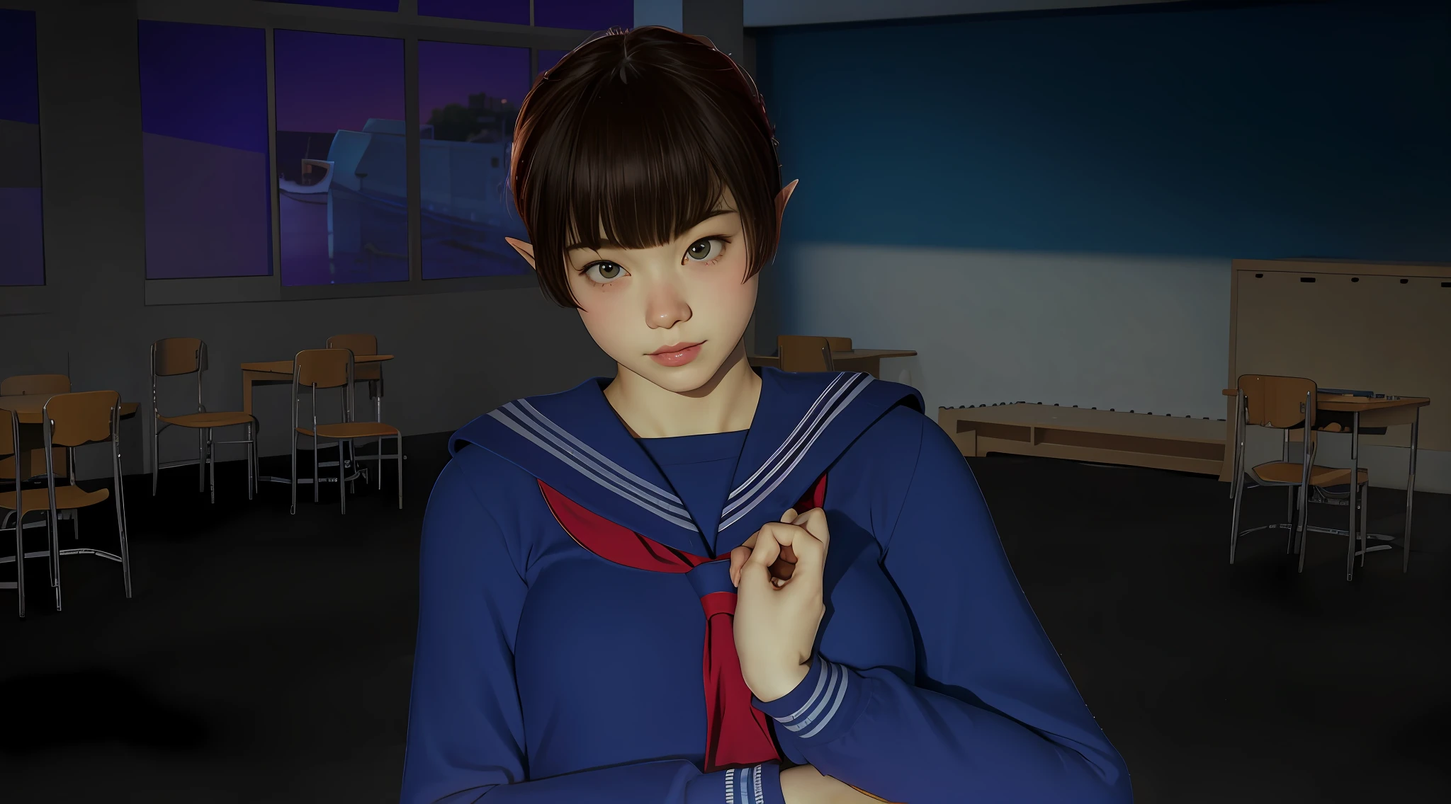 (pov fisheye) torso POV defined hard edge, clearly defined, elf glenn, brom, ecstasy, blush, redhead short hair, straight hair, sporty 18 years old, very detailed, 8k, bedroom, sailor uniform,
