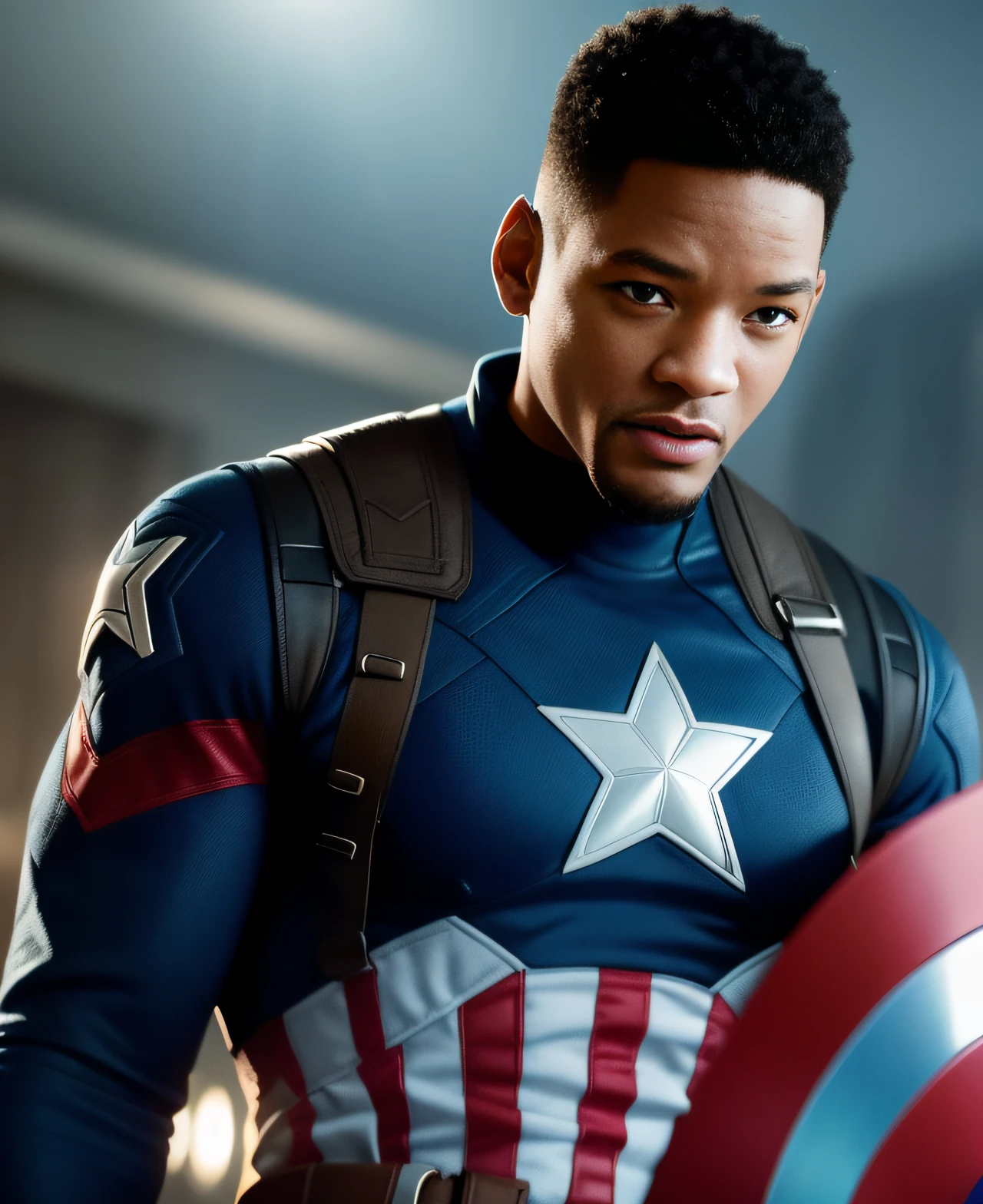 . Tarantino style Will Smith as Captain America 8k, high definition, detailed face, detailed face, detailed eyes, detailed suit, Marvel and DC style, hyper-realistic, + cinematic shot + dynamic composition, incredibly detailed, sharpness, detail + superb detail + night with light + perfectionism + award-winning realism ((soft lighting)). .ISO. +GAB, ((Bright eyes + ultra HD + moist))