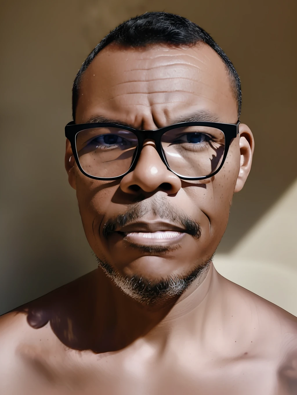 guttonerdvision5, 40-year-old man wearing glasses, realistic lips. The portrait of ((half body)) captures the subject with stunning detail and clarity, showing its unique features and expressions. The image has a high resolution and dynamic range, with a shallow depth of field that draws the viewer's attention to the subject's face. The (((lighting is soft))) expertly used to create a sense of dimensionality by highlighting the subject's skin tones and textures. The composition is well balanced, with the subject positioned off-center and the background providing a subtle but meaningful context. Overall, the image is a true testament to the photographer's skill and artistry