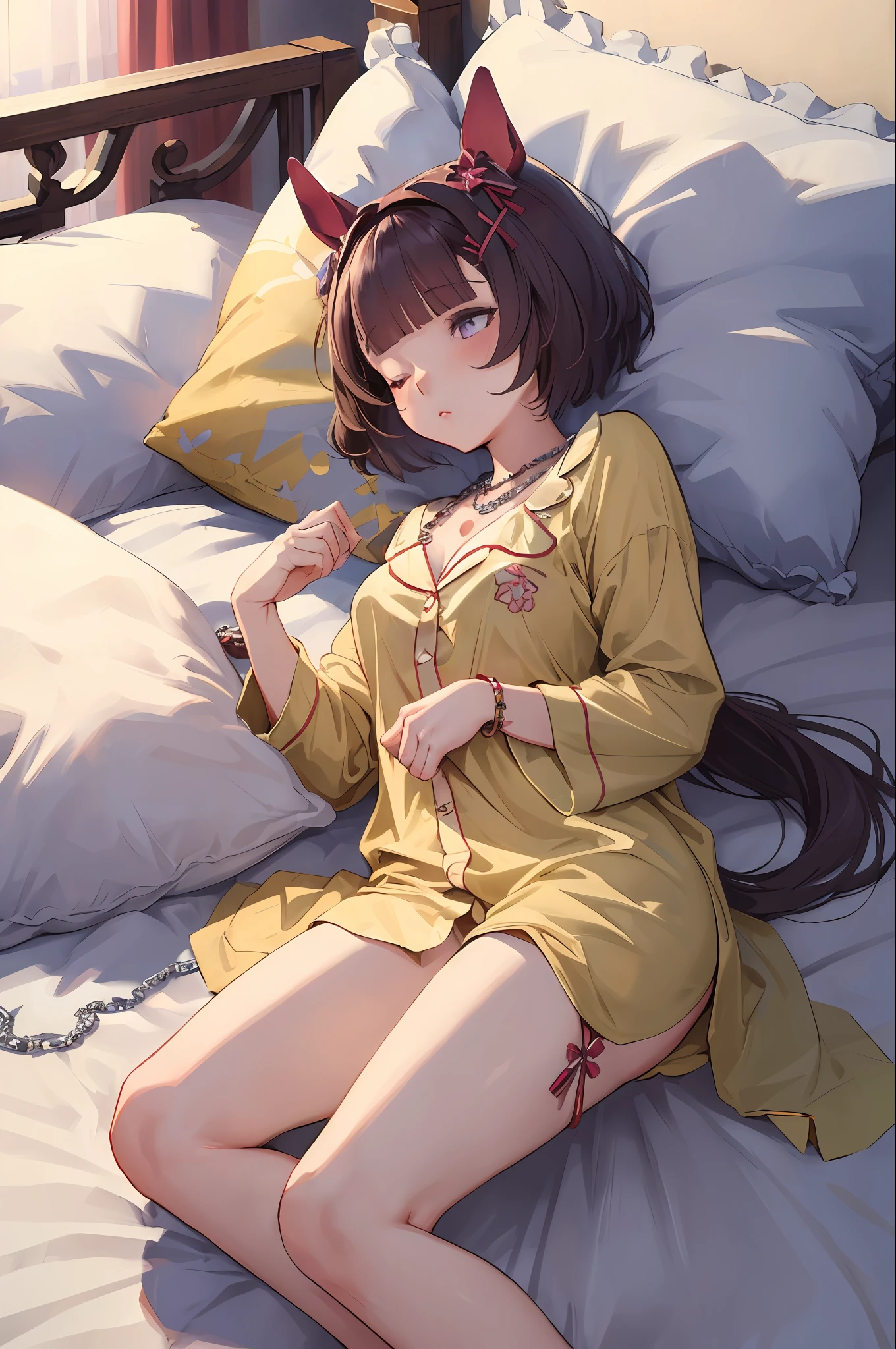 (((masterpiece))), ((best quality)), super detailed, solo,, 1 girl,(full body:1.2),nishino flower \(umamusume\),(ultra-detailed:1.3), horse ears,horse tail, object hug, pillow, bed sheet, lying, sleeping, on side, pajamas, jewelry, casual, necklace, midnight