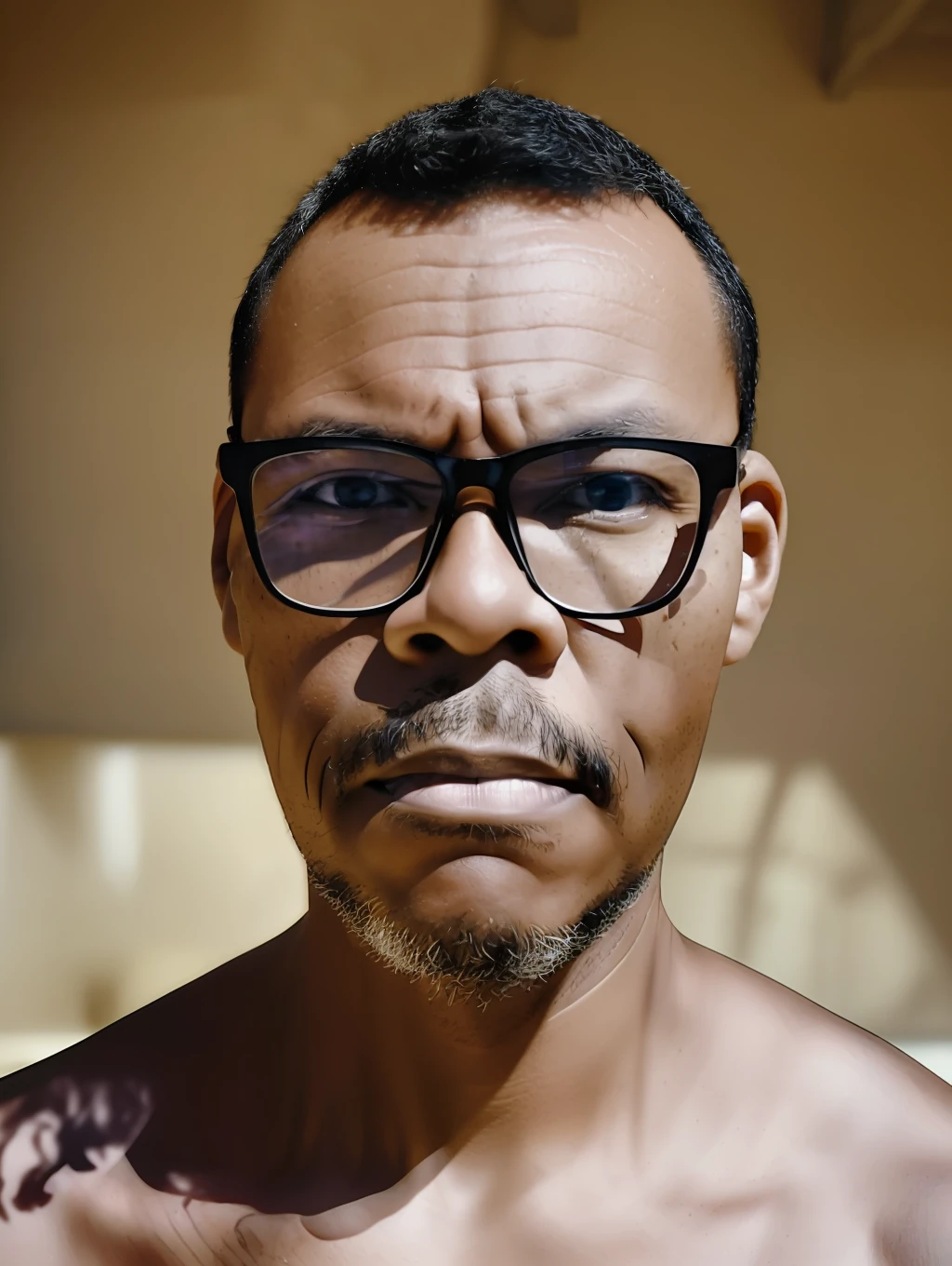 guttonerdvision5, 40-year-old man wearing glasses, realistic lips. The portrait of ((half body)) captures the subject with stunning detail and clarity, showing its unique features and expressions. The image has a high resolution and dynamic range, with a shallow depth of field that draws the viewer's attention to the subject's face. The (((lighting is soft))) expertly used to create a sense of dimensionality by highlighting the subject's skin tones and textures. The composition is well balanced, with the subject positioned off-center and the background providing a subtle but meaningful context. Overall, the image is a true testament to the photographer's skill and artistry