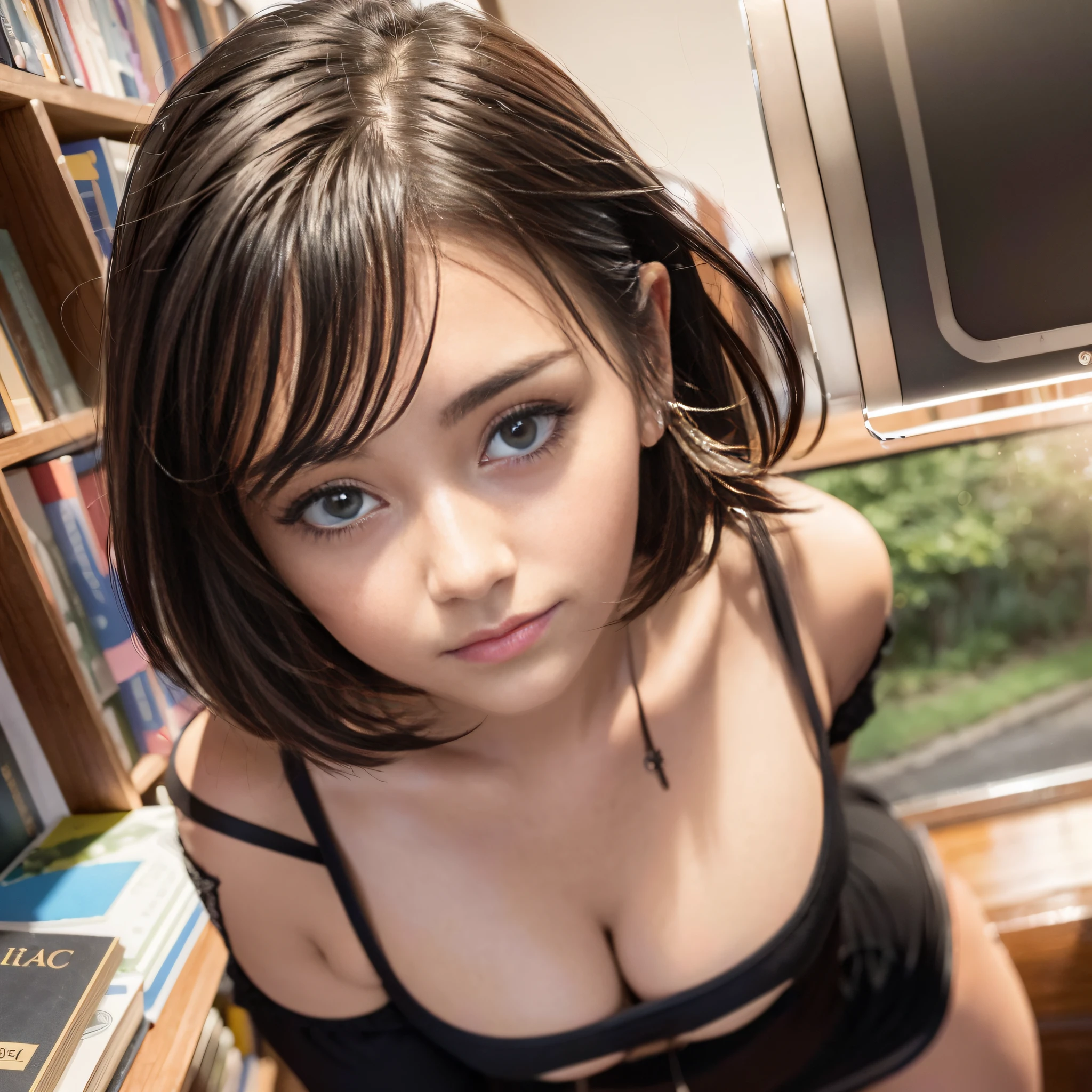 ((Top Quality, 8k, Masterpiece: 1.3)), Pretty Women with Perfect Figure: 1.4, (Big: 1.2), Highly Detailed Face and Skin Texture, Detailed Eyes, Tight Polo Shirt, Miniskirt, (Posed in the Library: 1.2), 1girl, Cinematic, Full Body, Goddess of the Japan, Short Hair, Smile, There is a Staff, There is someone reading, People are being watched