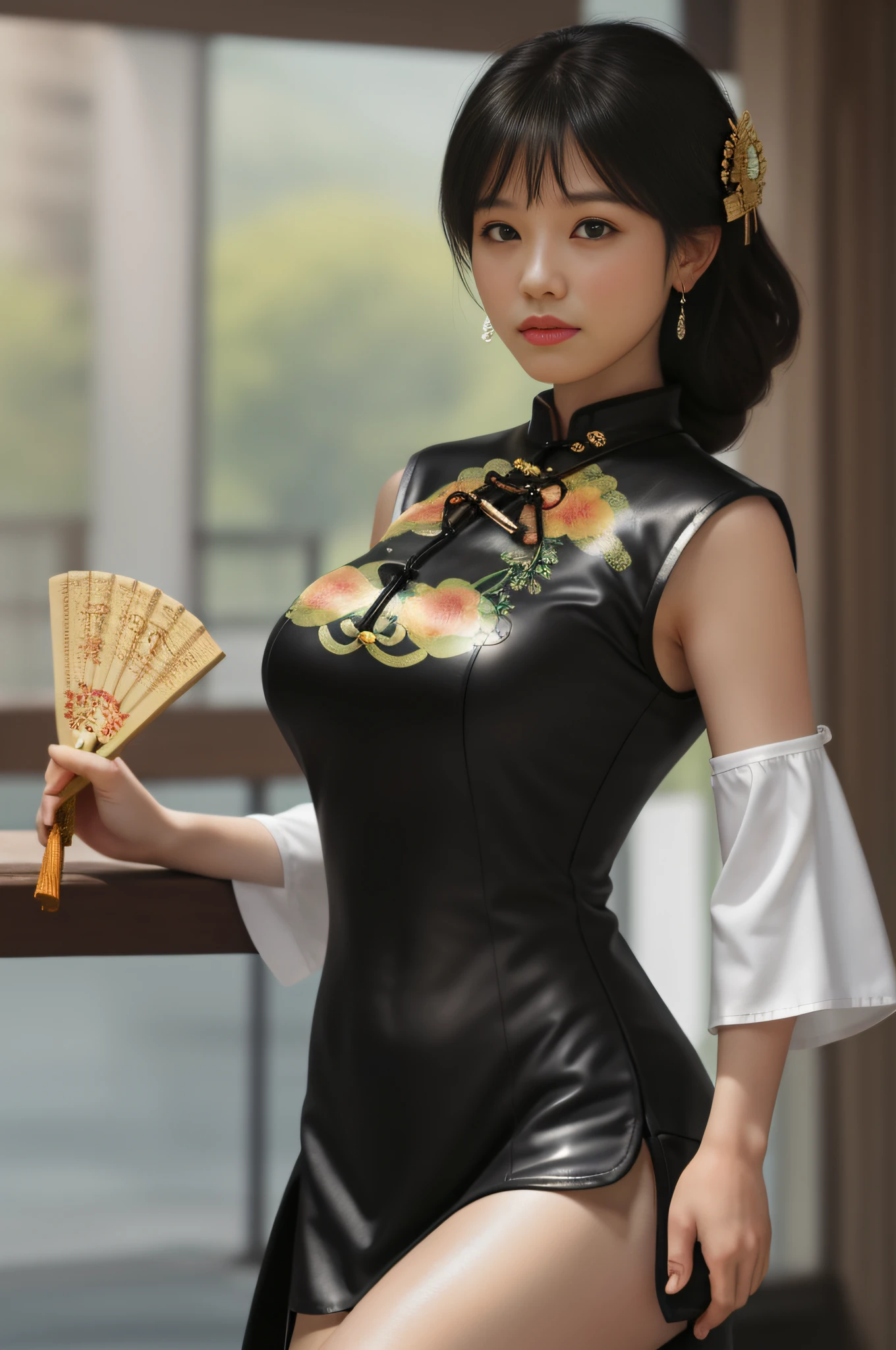 {masterpiece},ultra highres,official art,best quality,extremely detailed CG unity 8k wallpaper, (8k hd),(photorealistic), illustration, 1 beautiful chinese girl,close range, sexy body,pretty face,(big beautiful eyes),black long hair,(hair ornament),(black leather cheongsam:1.4),(sleeveless),(gigantic breasts:1.5),raised,(fully clothed:1.2),(stockings),smile,standing,looking at viewer,(holding a fan),indoor, (old chinese palace:1.2),(crowd),