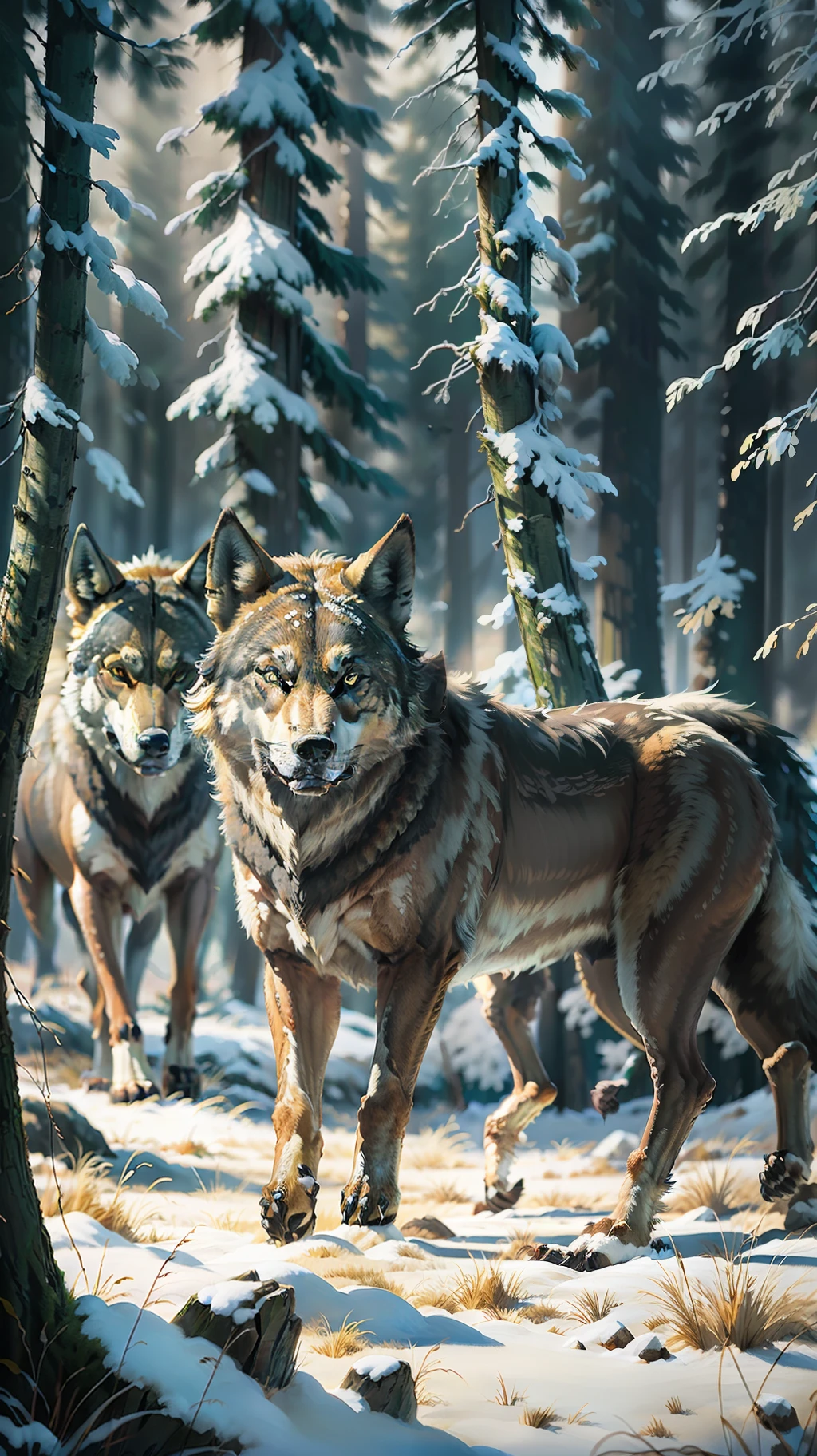 Pack of wild wolves, hunting, light, dangerous forest. (photorealistic)