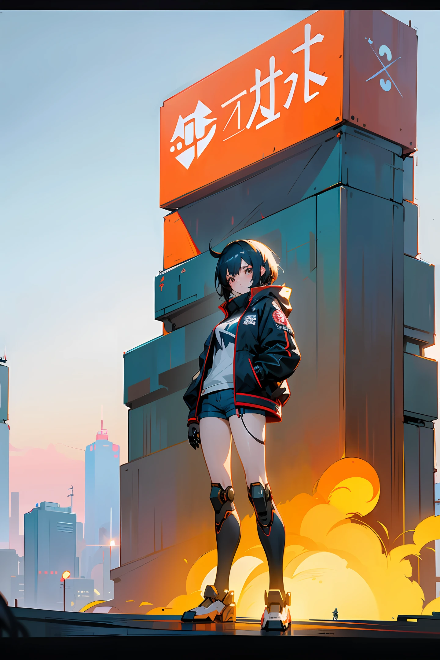 anime girl in short shorts and jacket standing next to giant robot, artwork in the style of guweiz, cyberpunk anime girl mech, trending on cgstation, guweiz, by Russell Dongjun Lu, digital cyberpunk anime art, ross tran 8 k, guweiz on artstation pixiv, girl in mecha cyber armor