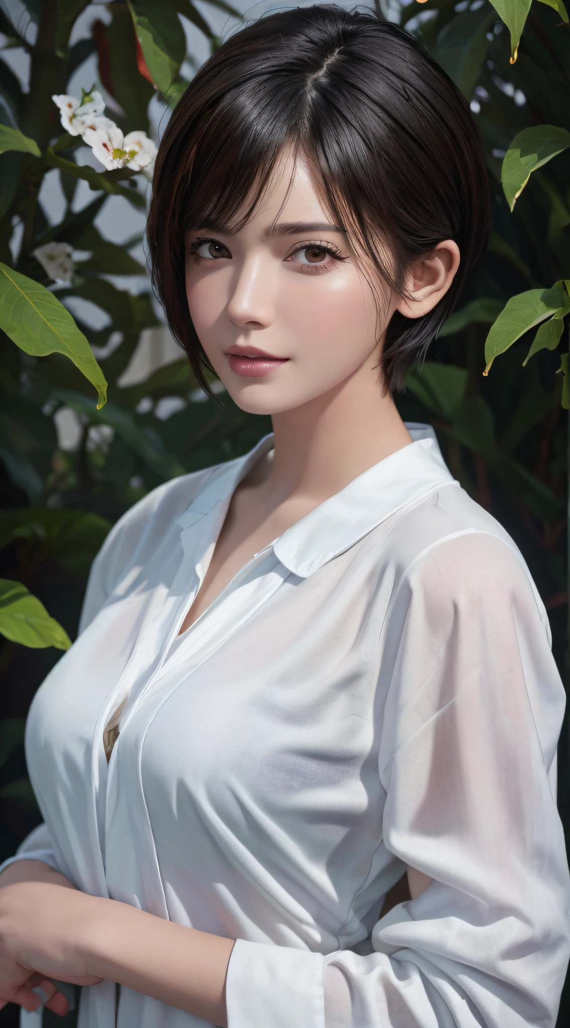 (Masterpiece: 1.3), (8k, Photorealistic, RAW Photo, Best Quality: 1.4), (1girl), Beautiful Face, (Realistic Face), (Black Hair, Short Hair: 1.3), Beautiful Hairstyle, Realistic Eyes, Beautiful Detail Eyes, (Realistic Skin), Beautiful Skin, (Wet White Clothes), Absurd, Attractive, Ultra High Definition, Ultra Realistic, High Definition, Golden Ratio