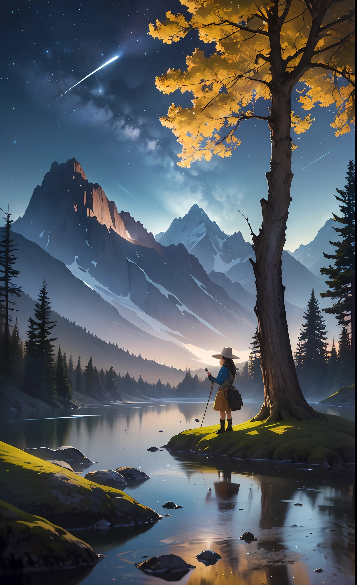 masterpiece, best quality, ultra-detailed, illustration, 1girl, solo, outdoors, camping, night, mountains, nature, stars, moon, bonfire, tent, twin ponytails, green eyes, cheerful, happy, backpack, sleeping bag, camping stove, water bottle, mountain boots, gloves, sweater, hat, flashlight, forest, rocks, river, wood, smoke, shadows, contrast, clear sky, constellations, Milky Way, peaceful, serene, quiet, tranquil, remote, secluded, adventurous, exploration, escape, independence, survival, resourcefulness, challenge, perseverance, stamina, endurance, observation, intuition, adaptability, creativity, imagination, artistry, inspiration, beauty, awe, wonder, gratitude, appreciation, relaxation, enjoyment, rejuvenation, mindfulness, awareness, connection, harmony, balance, texture, detail, realism, depth, perspective, composition, color, light, shadow, reflection, refraction, tone, contrast, foreground, middle ground, background, naturalistic, figurative, representational, impressionistic, expressionistic, abstract, innovative, experimental, unique, cinematic