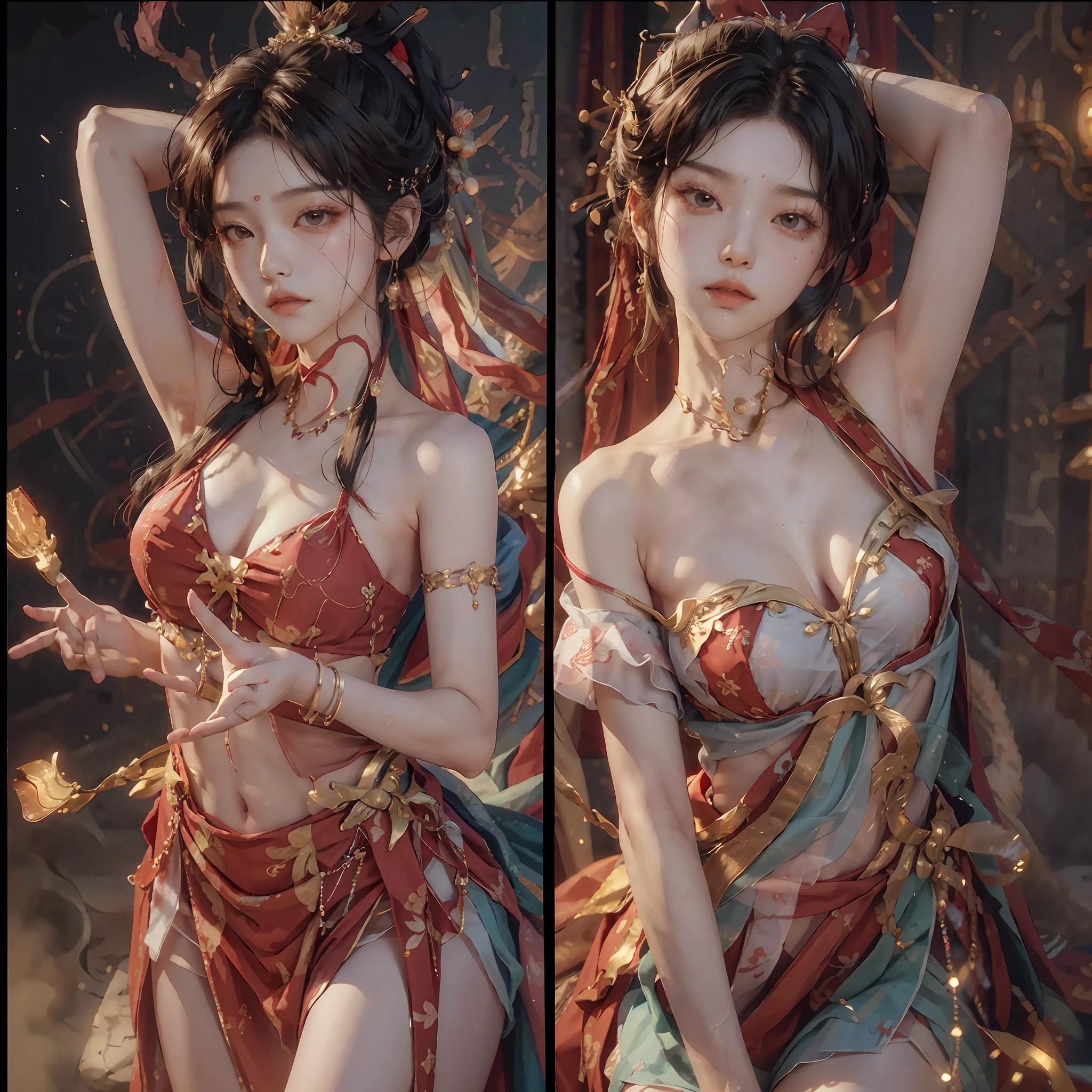 Ace, 4k, High Resolution, Masterpiece, Best Quality, Head: 1.3, (Korean K-pop Idol), Delicate Skin, Sharp Focus, (Cinema Lighting), Clavicle, Morning, Soft Light, Dynamic Angle, [:(detailed face:1.2):0.2], armpit wrinkles, thigh gap, red dress, slim, mid-chest, cleavage, full body, --auto --s2