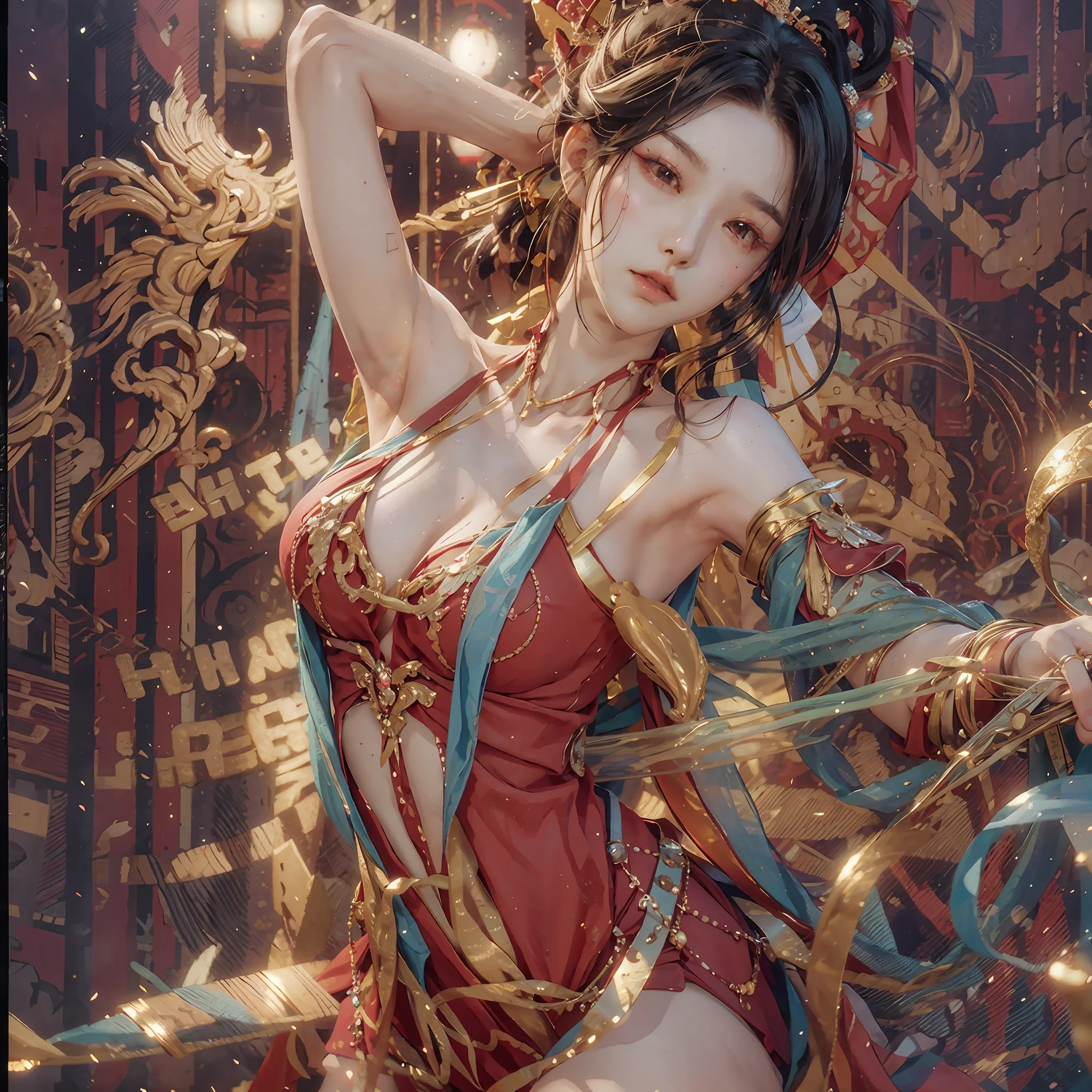Ace, 4k, High Resolution, Masterpiece, Best Quality, Head: 1.3, (Korean K-pop Idol), Delicate Skin, Sharp Focus, (Cinema Lighting), Clavicle, Morning, Soft Light, Dynamic Angle, [:(detailed face:1.2):0.2], armpit wrinkles, thigh gap, red dress, slim, mid-chest, cleavage, full body, --auto --s2