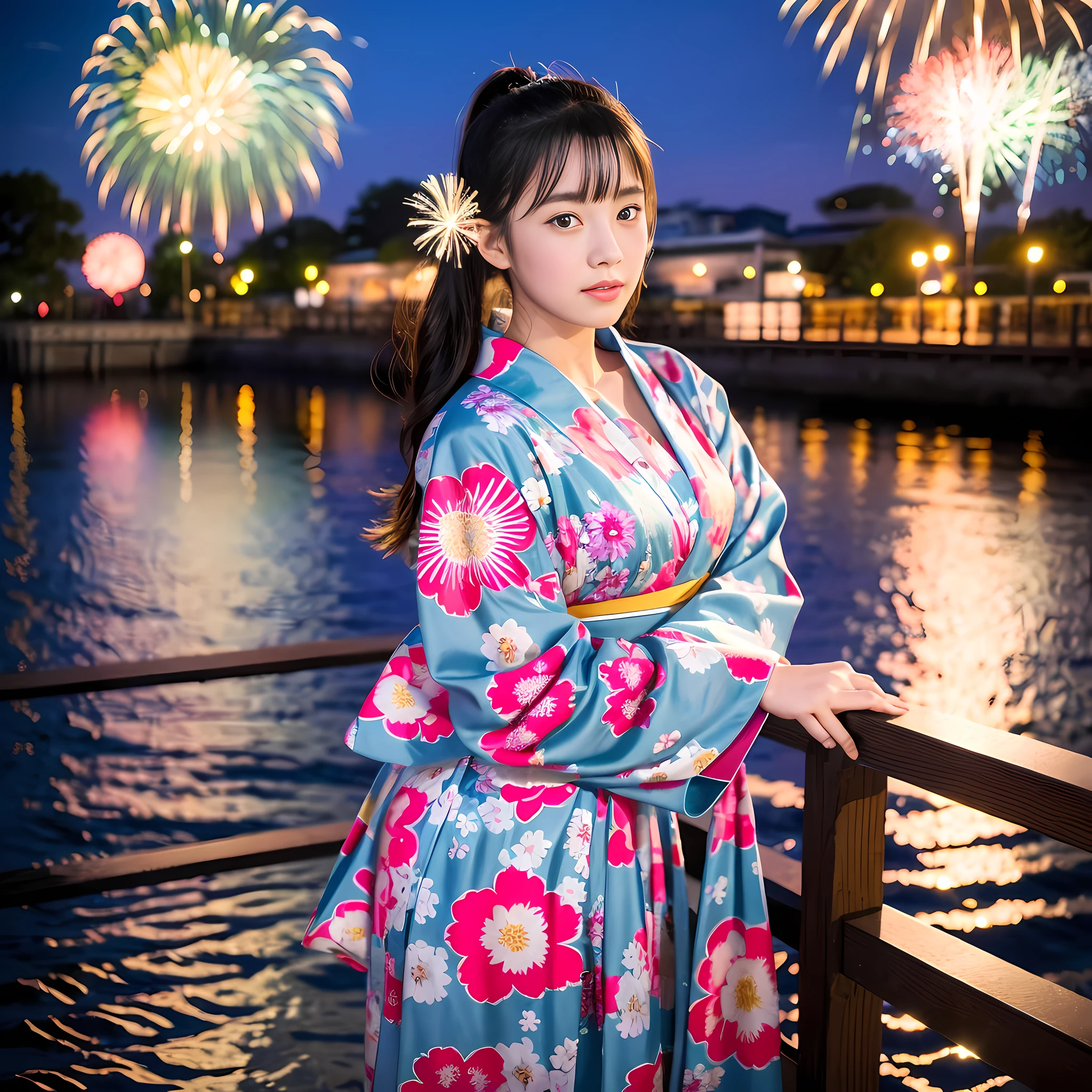 (8k, masterpiece, best quality, high resolution, photorealistic, fireworks display, yokohama), (1girl), full body, 18 years old, very cute Japan woman, yukata, obi, standing on the bridge, dense face, dense eyes, dense nose, dense lips, dense body, dense hands, upper body