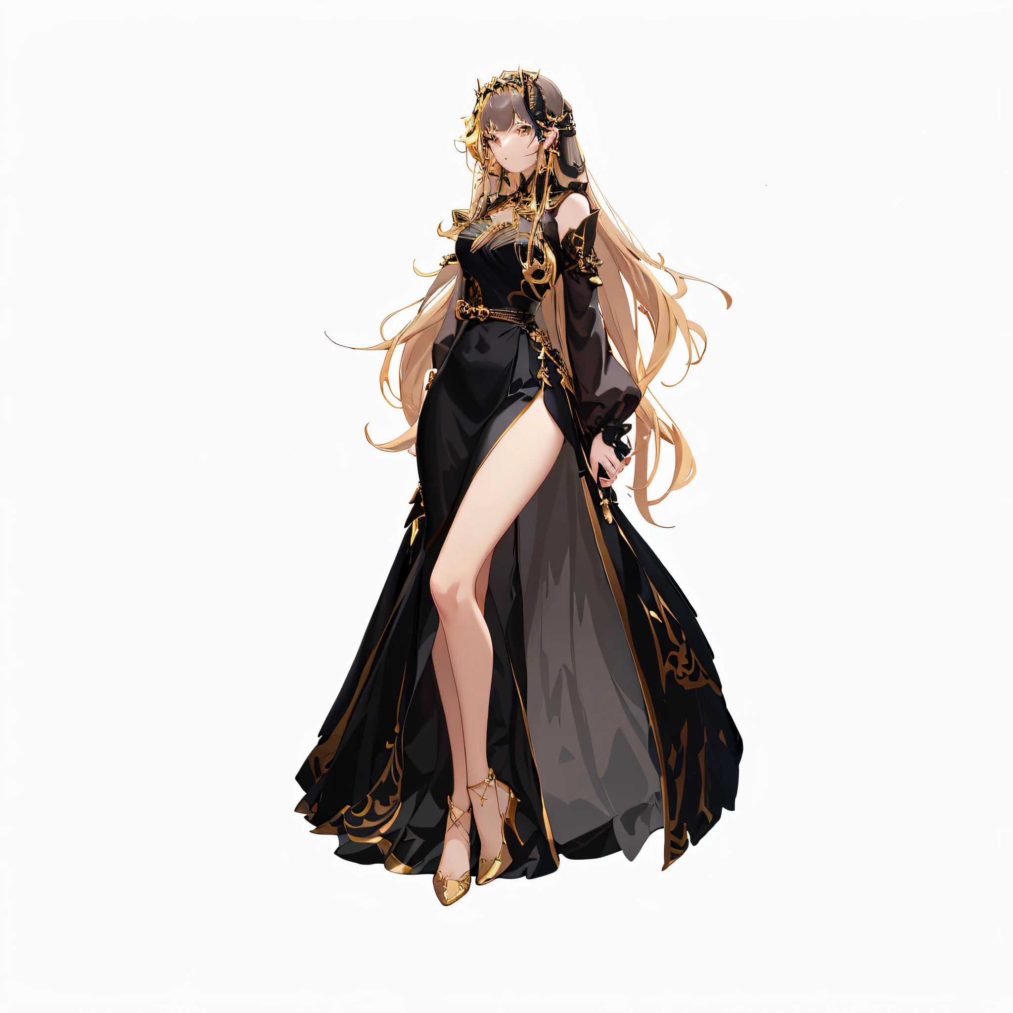 Split black long dress, luxurious, sideways posture, skirt with gold lines, floating, black dress anime girl holding a long sword, wearing a fairy costume, the character is from the girl front, full of key artistic feminization. Based on the style of April rendering, it combines various rendering techniques such as Guvez and Mirabel Madrigal to show the intricate WLOP style. Crafted by Yang J, the details are exquisite.