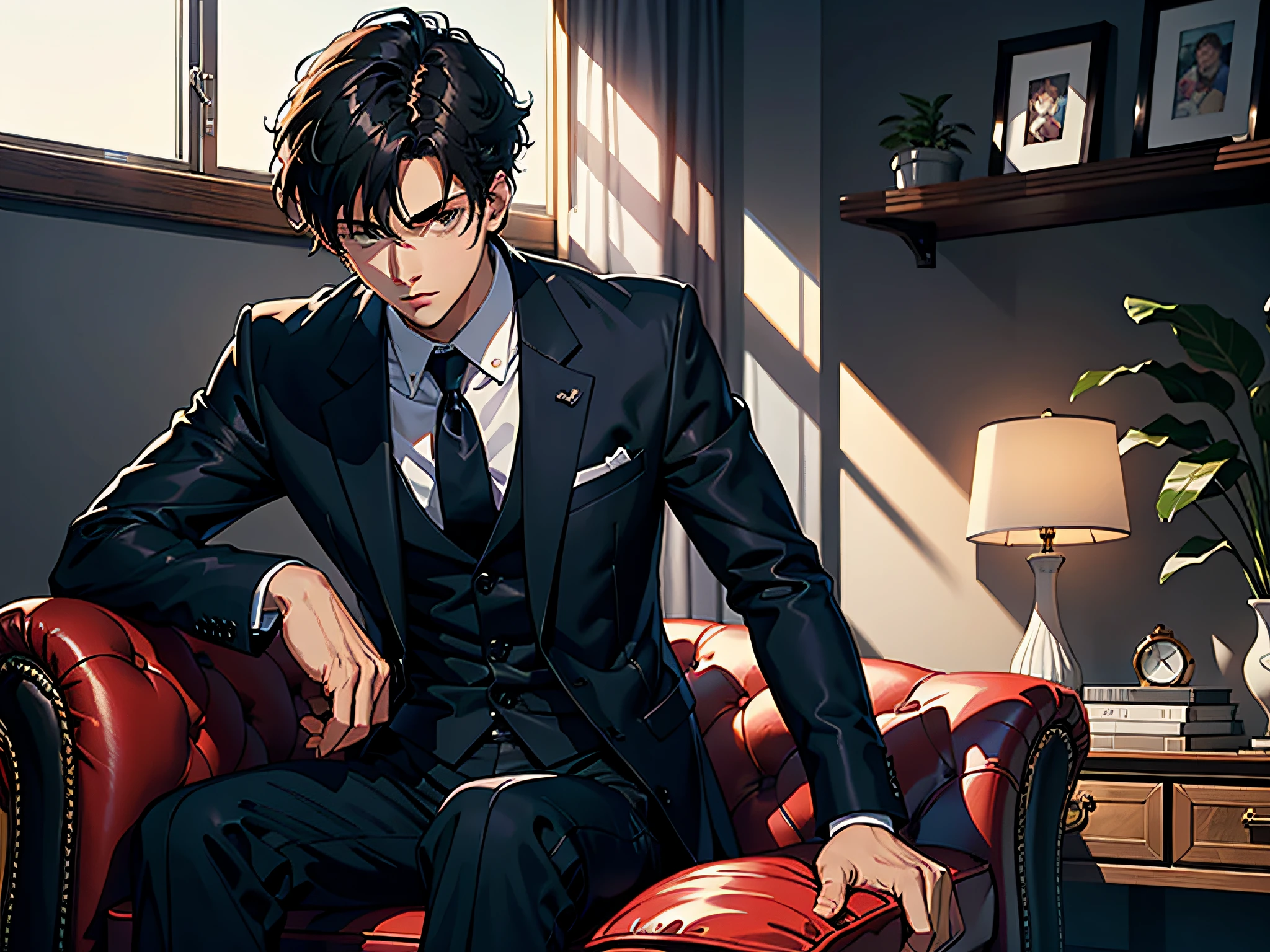 A handsome boy, 20 years old, sitting on a luxury sofa in the office, behind a floor-to-ceiling window, a serious face, looking straight ahead, wearing a black suit and shirt,