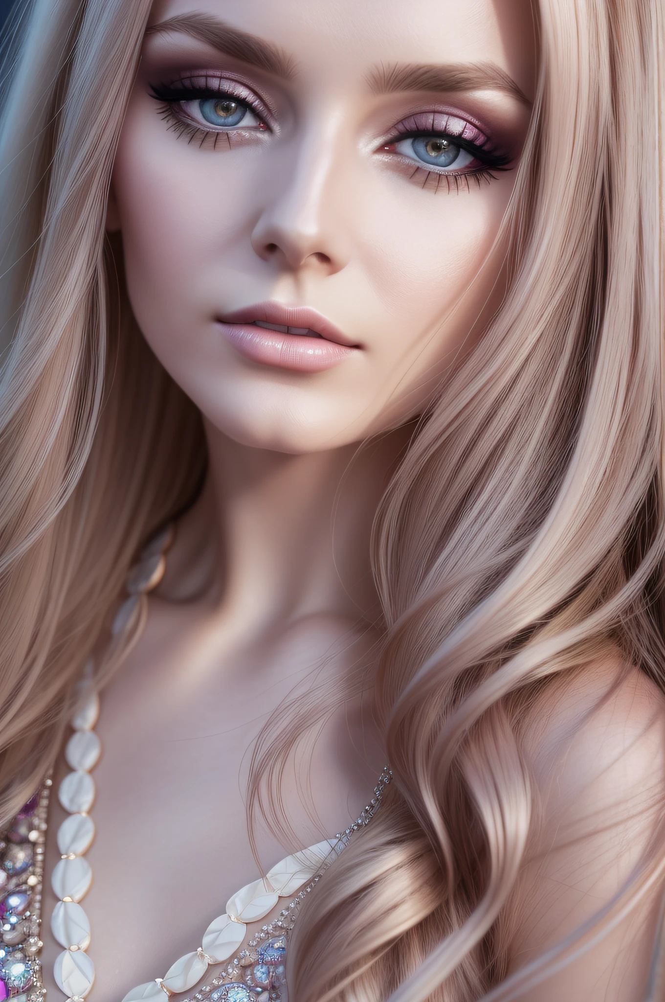 Photo of beautiful russian woman, 30 years old, bewitching, dark makeup, blonde long hair, brown eyes, light pink dress, accessories, suburb, (pale skin), upper body, detail, high detail, sharp focus, depth of field, photorealistic, ultra high resolution, photo, 8K, (photorealistic: 1.8),