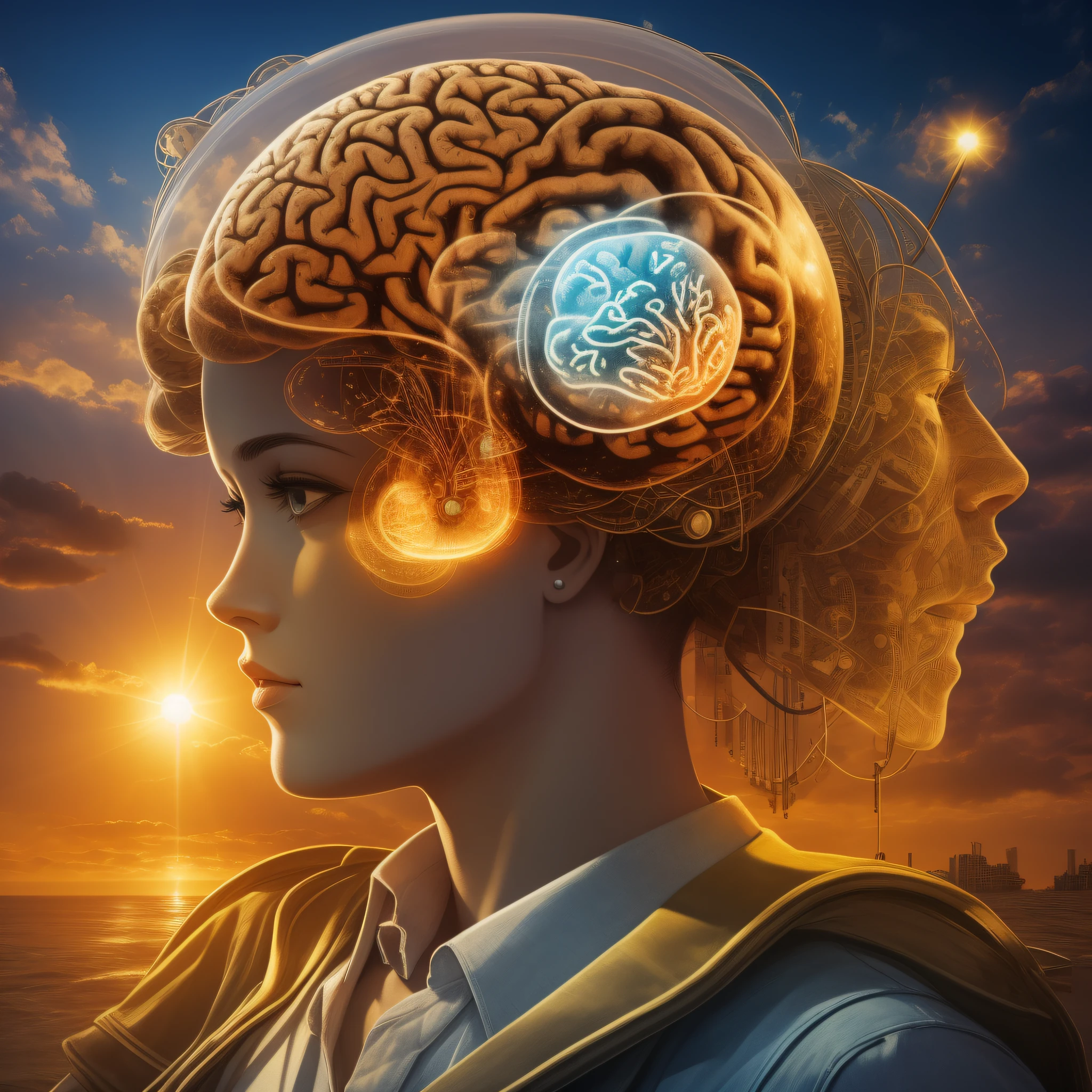 art with the image of a person and a brain, a positive image, the background of modern times, according to the rules of modern marketing, realistic, realism, a lot of details, in detail