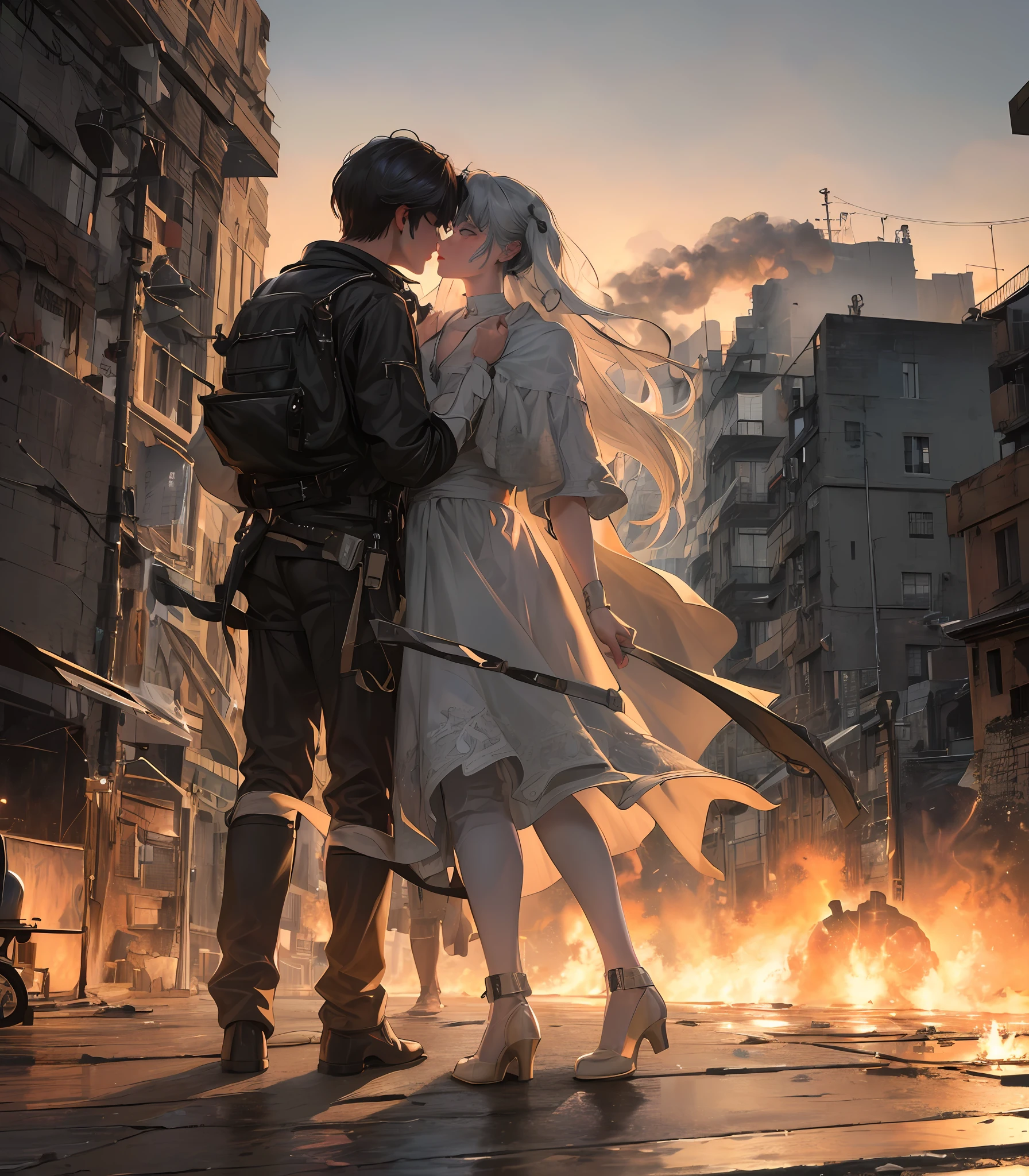 High-quality masterpiece, ultra-realistic details, high resolution and high quality CG Unity 8k wallpaper, two men kissing in the distance, in the smoke of war, smoke. Strong realism, high aesthetics, award-winning photography skills, excellent detailing, clear and intricate image display, travel theme. The visual impact is extremely strong, bringing a beautiful sense of future city.
