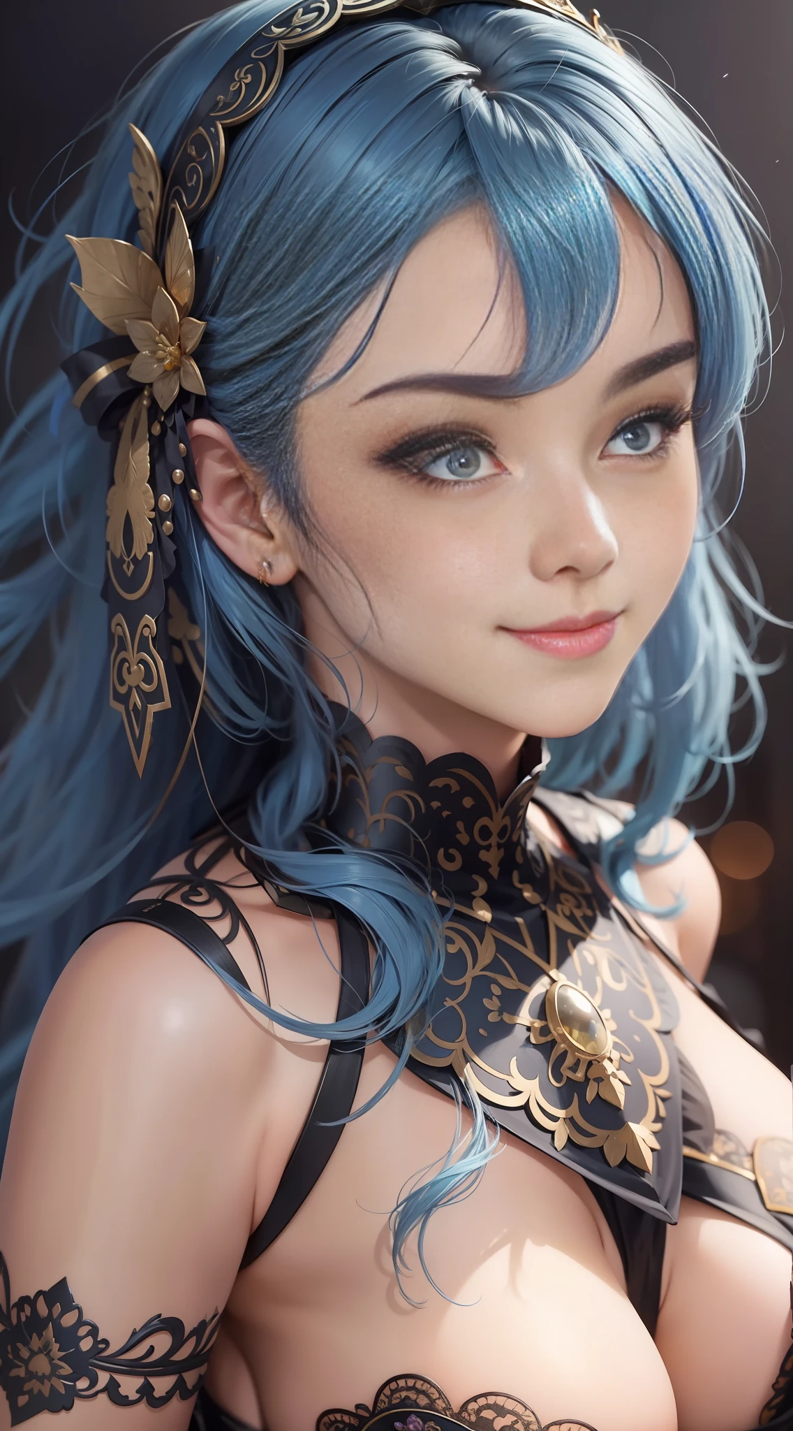 (Masterpiece: 1.4, Best Quality), (Intricate Detail), Unity 8k wallpaper, super detailed, beautiful and beautiful, perfect lighting, (1 girl), (blue hair, black eyes, big tits), dynamic pose, dynamic angle, lipstick, medium breasts, detailed background, realistic, solo, perfect detailed face, detailed eyes, highly detailed, blush, hair accessory, smile --auto --s2